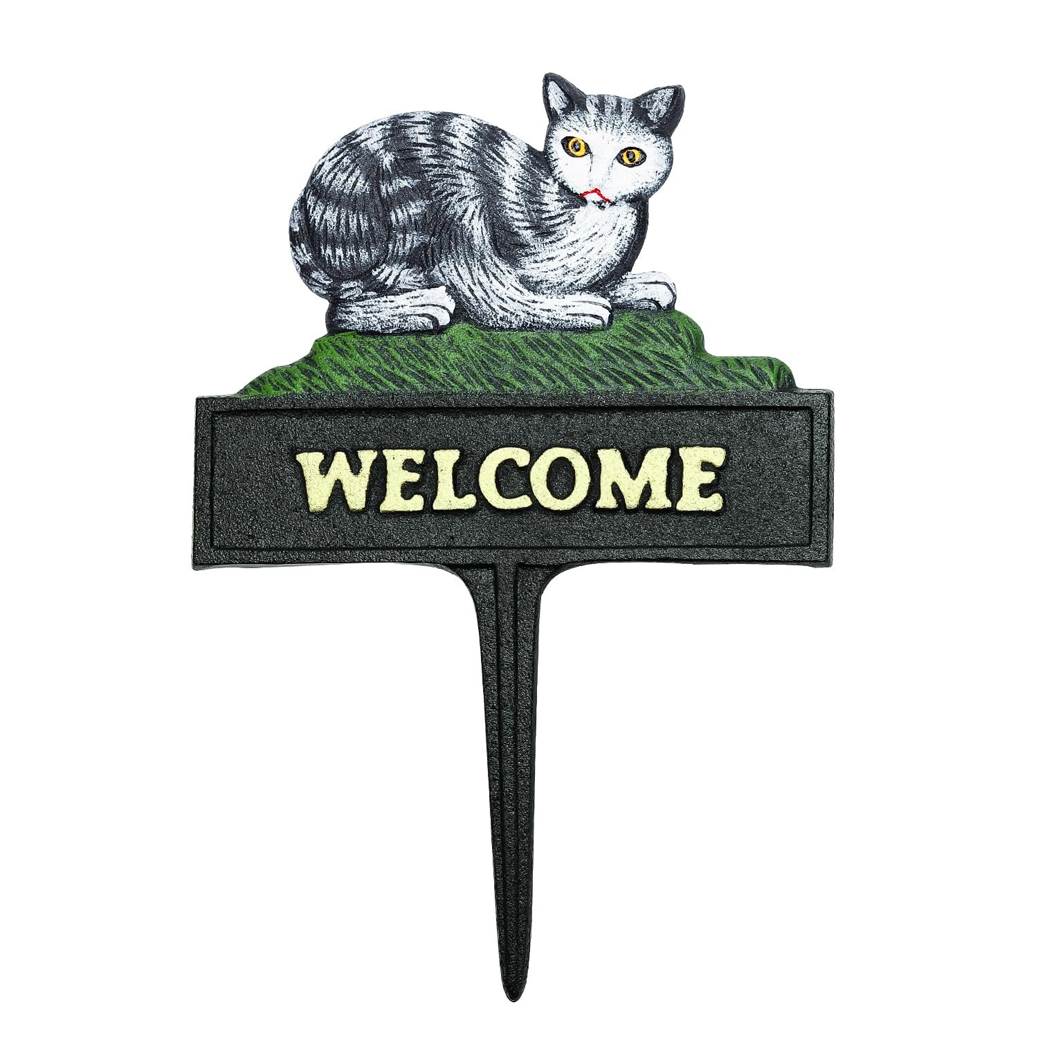 Vintage Cast Iron Garden Stake Welcome Sign, 12″ Tall & Cat Design