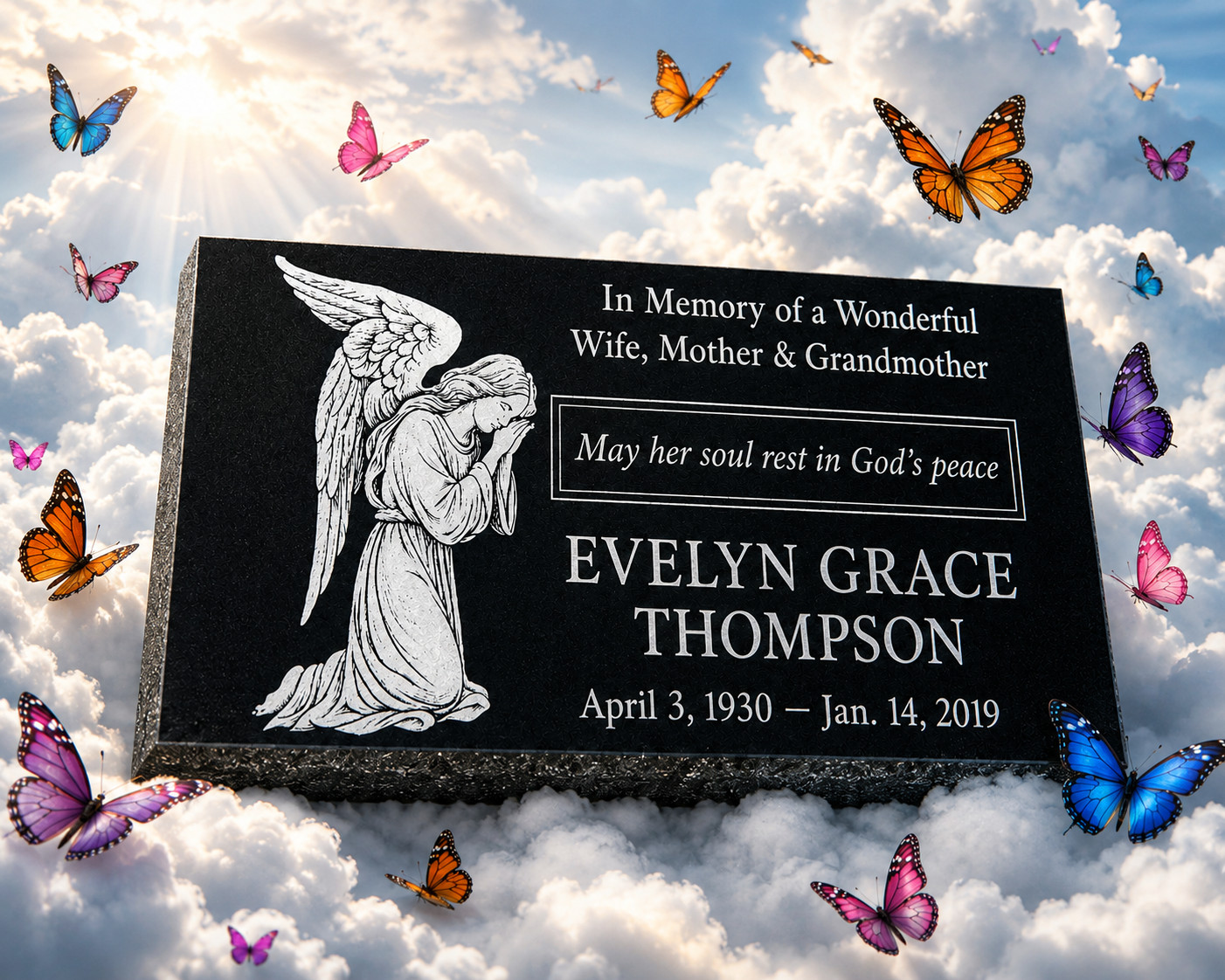 Custom Black Granite Angel Memorial Grave Marker w/ Portrait