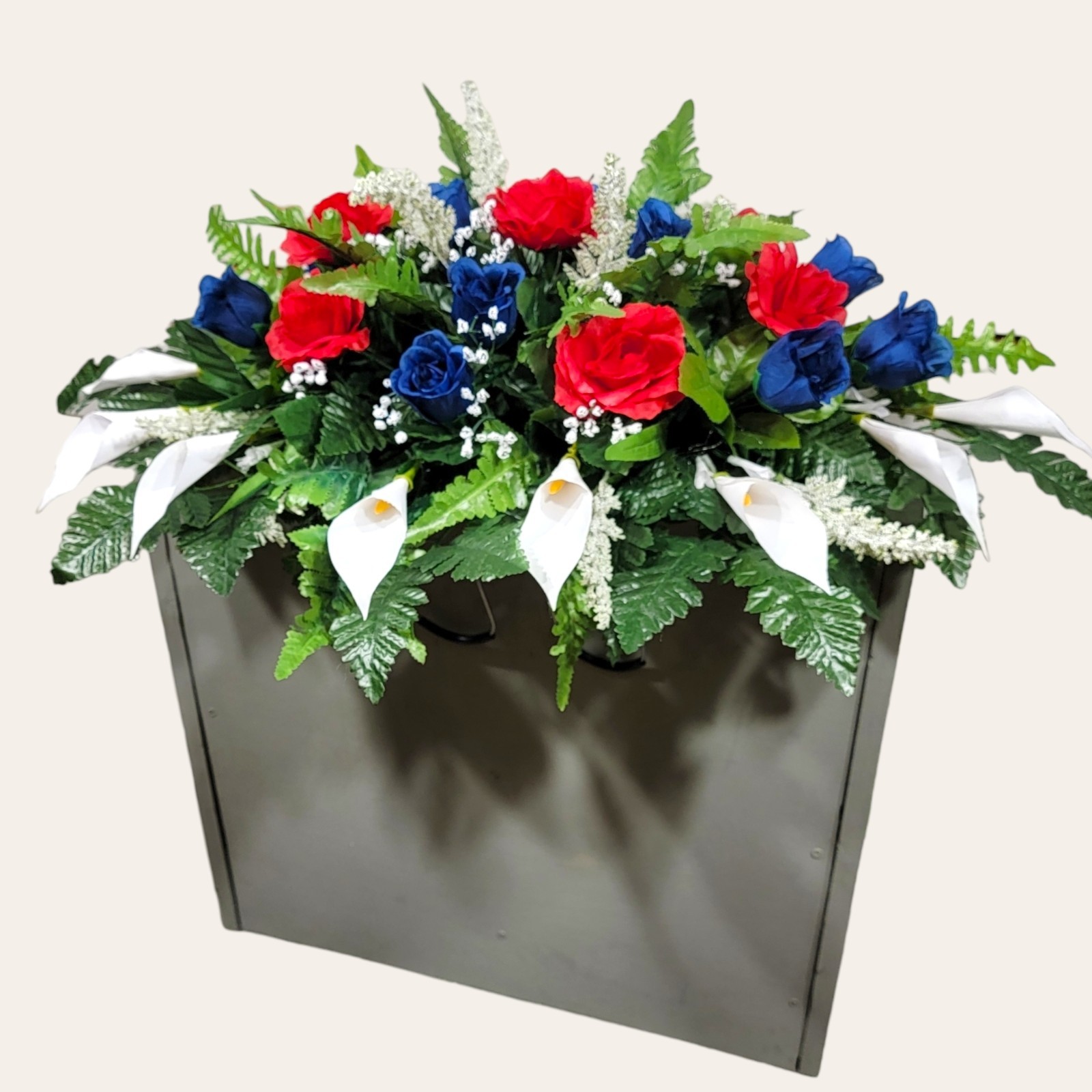 Patriotic Cemetery Headstone saddle Red and Blue roses with White Calla Lillies