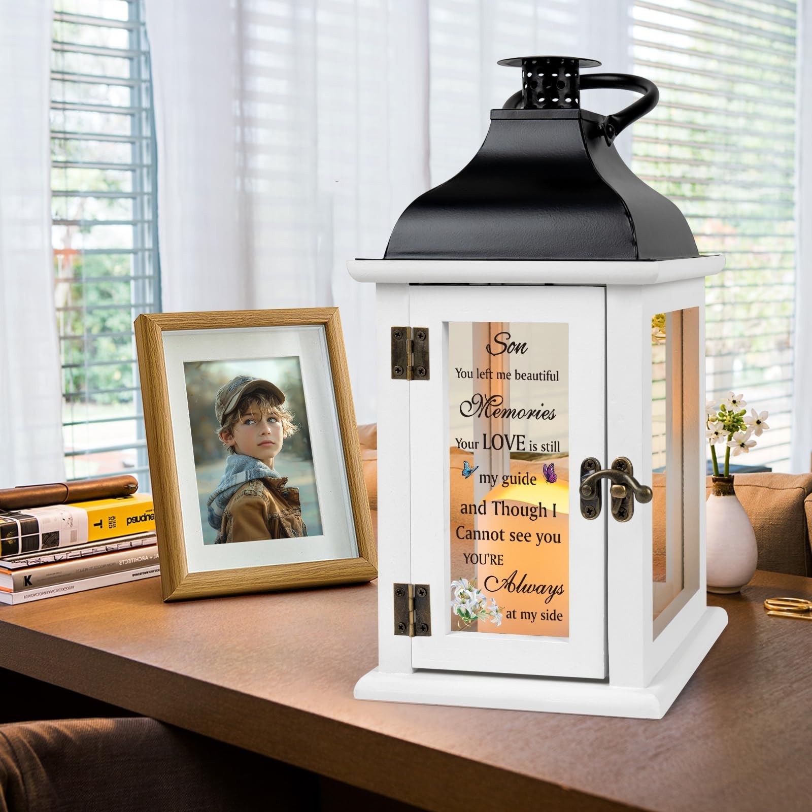 Memorial Lantern for Son – Sympathy Gift, Bereavement Remembrance with LED Candl