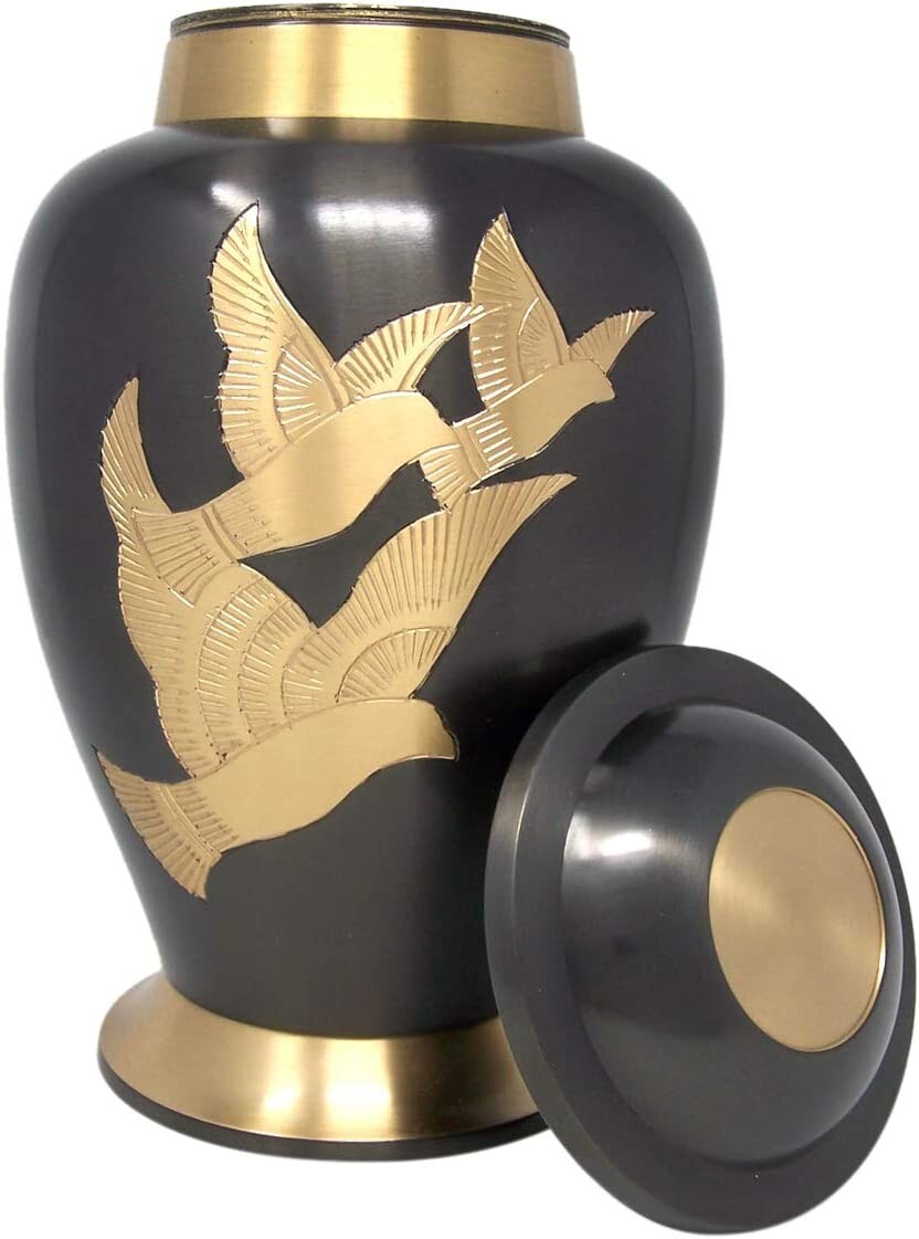 Charcoal Grey Gold Toned Dove Cremation Urn With Screw on Lid For Ashes 10 Inch