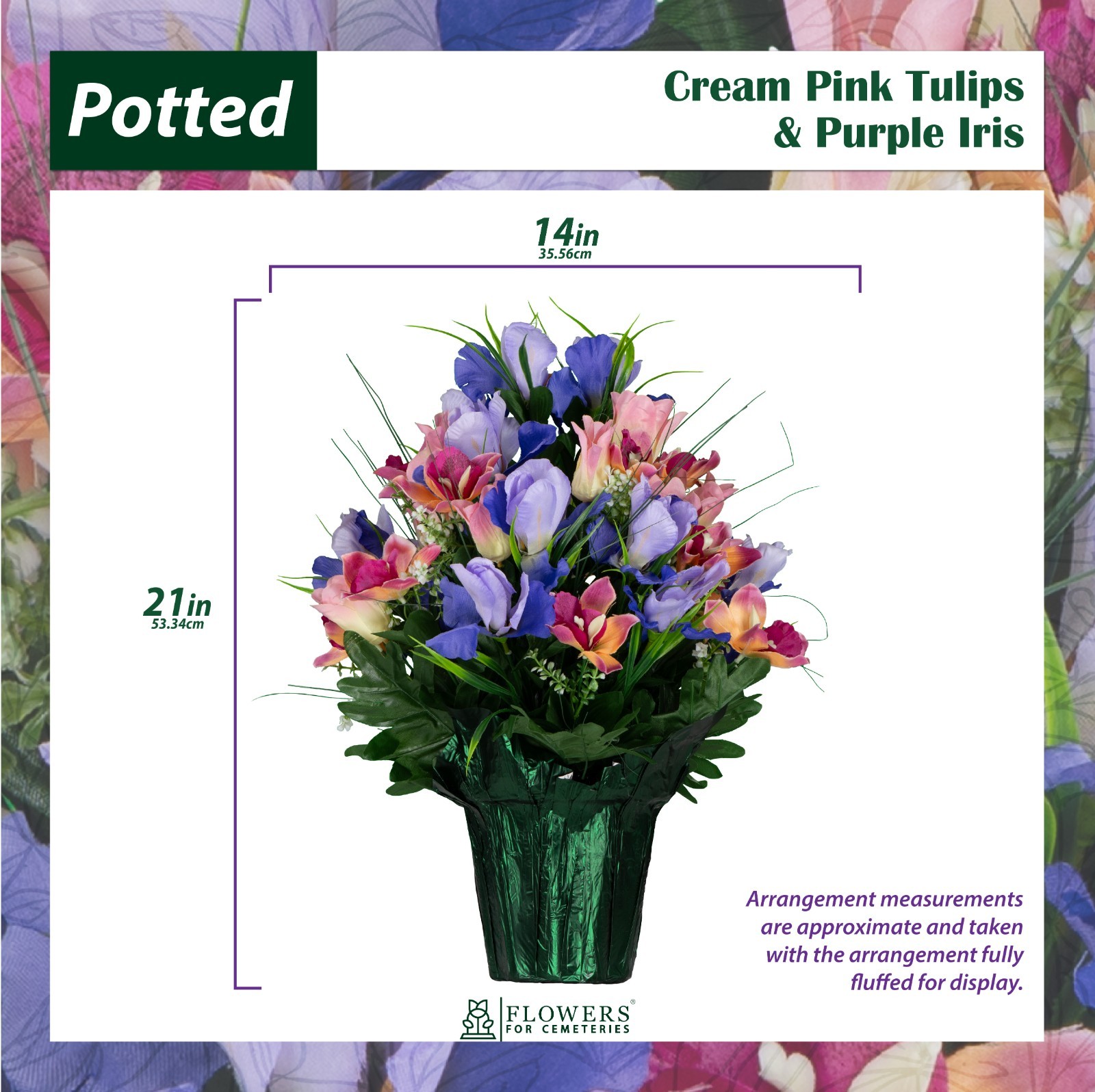 Artificial Cemetery Pot- Cream Pink Tulips and Purple Iris Potted Arrangement