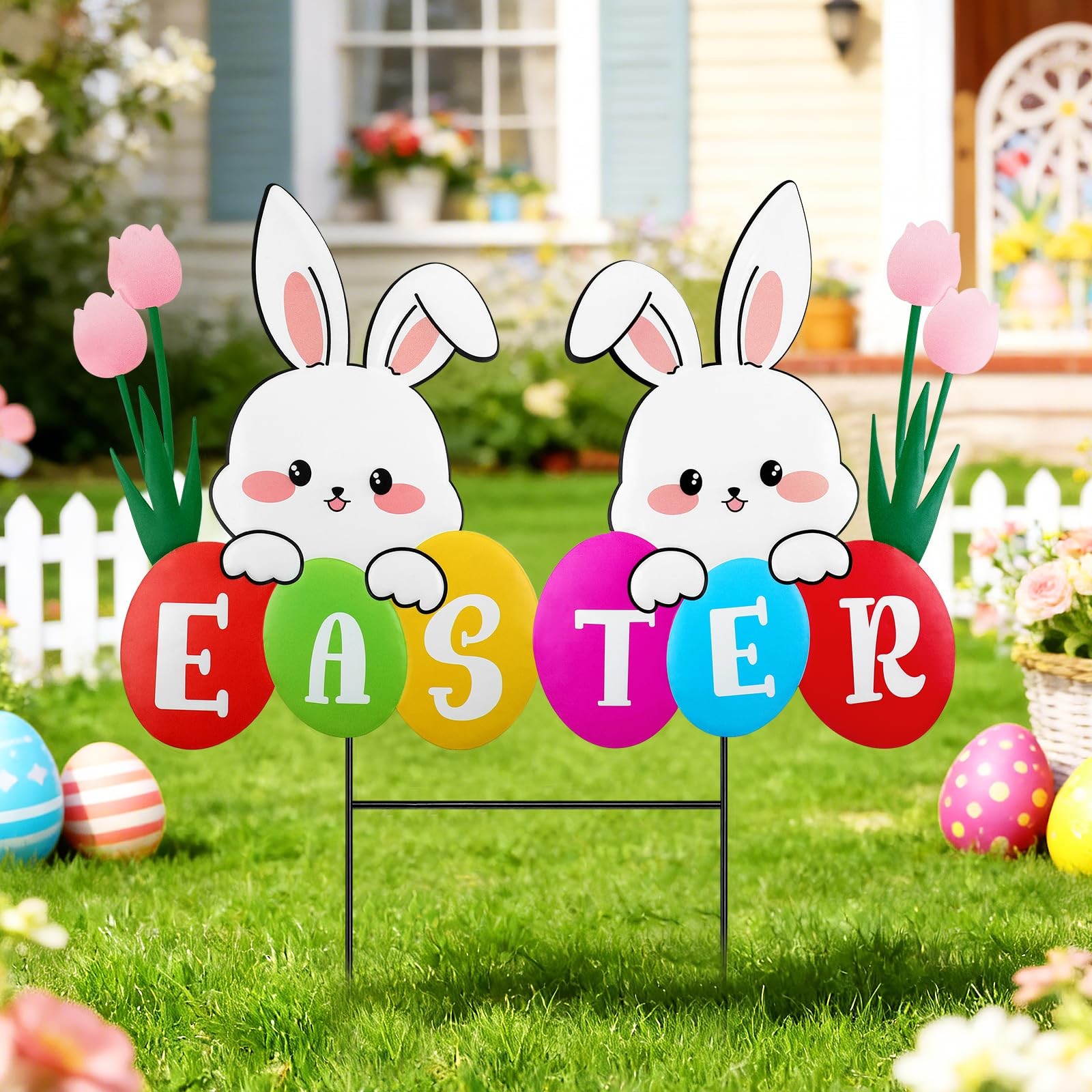 27.1inch Easter Larger Bunny Sign Yard Decoration Metal Easter Bunny Garden S…