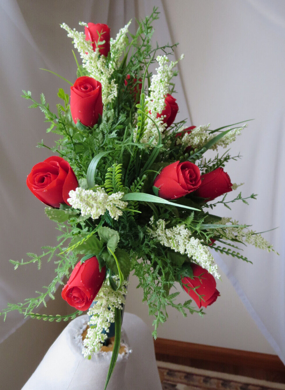 MEMORIAL CEMETERY GREEN VASE ARTIFITIAL FLORAL ARRANGEMENT 18″x 14″ NEW