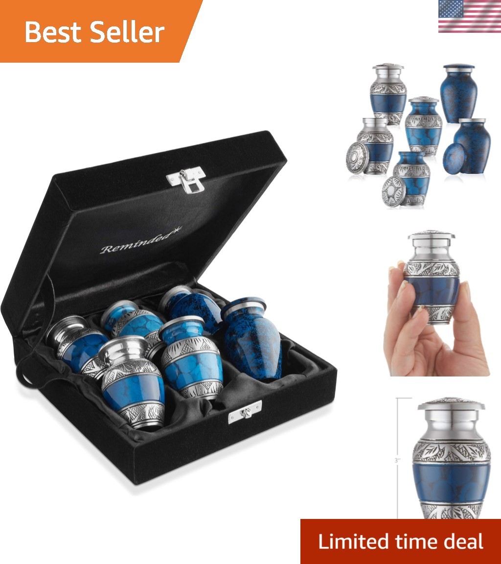 Small Cremation Urns for Human Ashes, Mini Keepsake Set of 6 Blue and Silver …