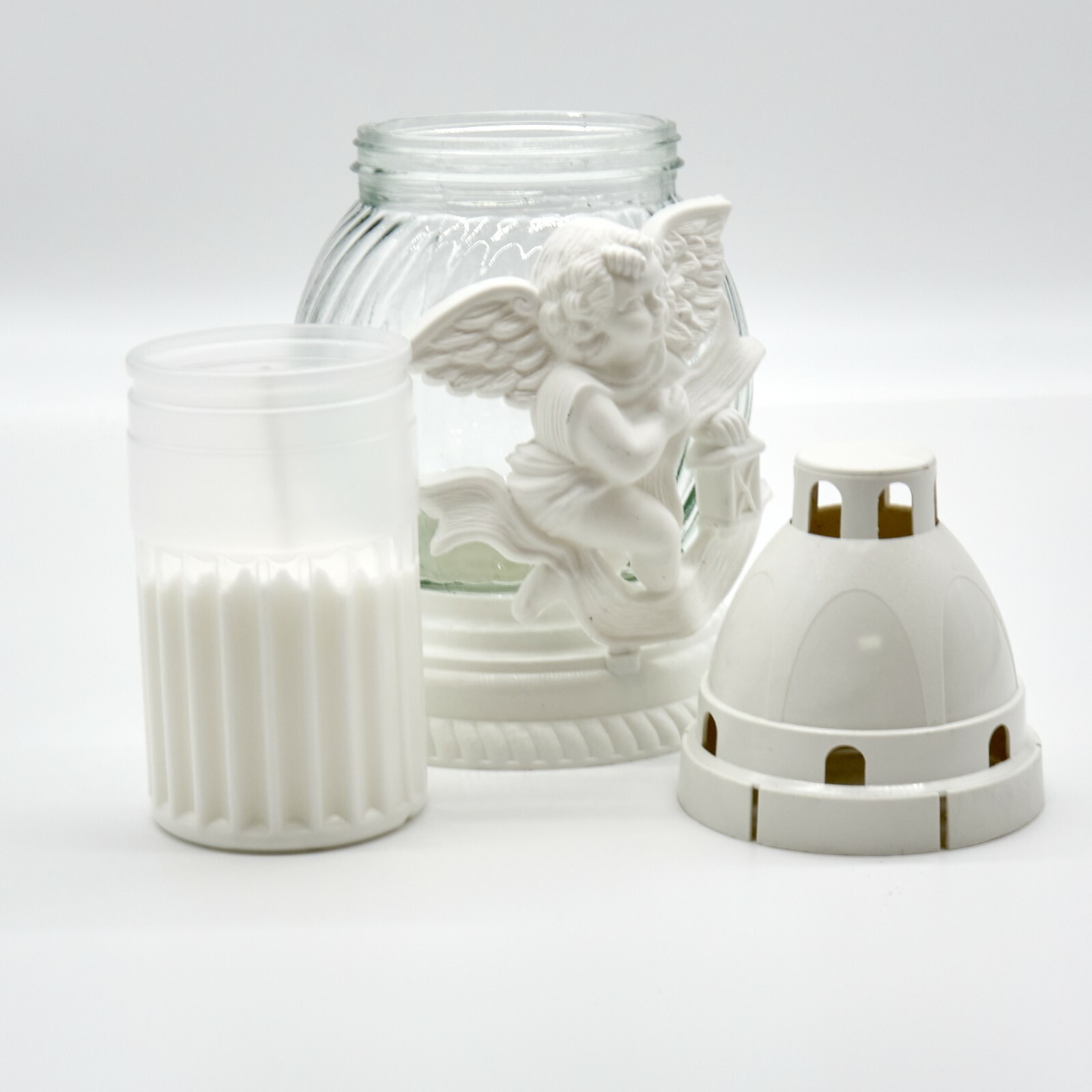 WHITE ANGEL CEMETERY GLASS CANDLE ZNICZ 7,5 INCHES/19CM TALL FROM POLAND