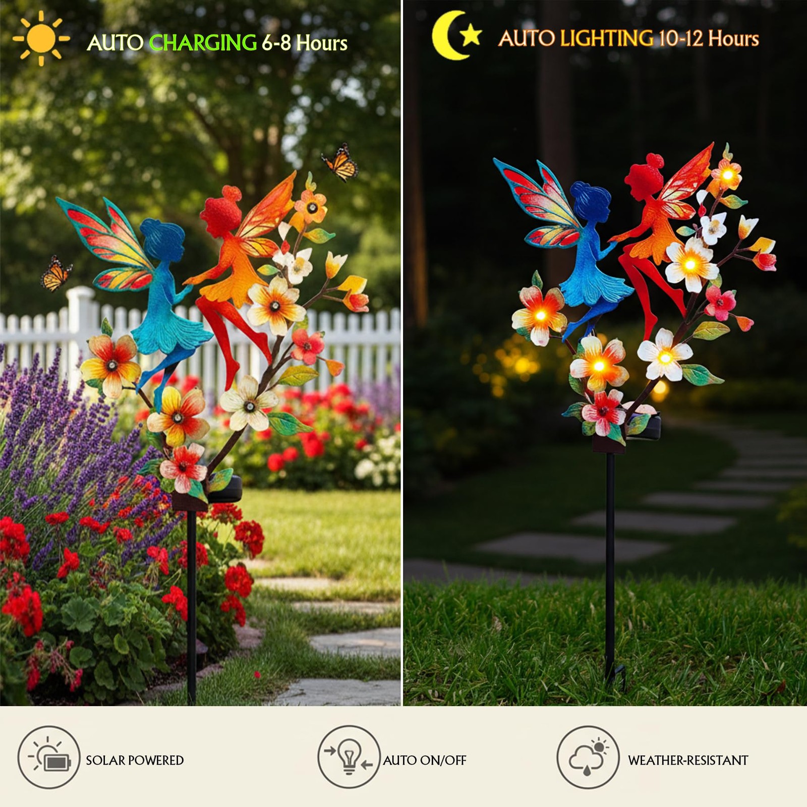 Solar Fairy Garden Stakes – Metal Whimsical Yard Art Decor, Warm LED Lights W…