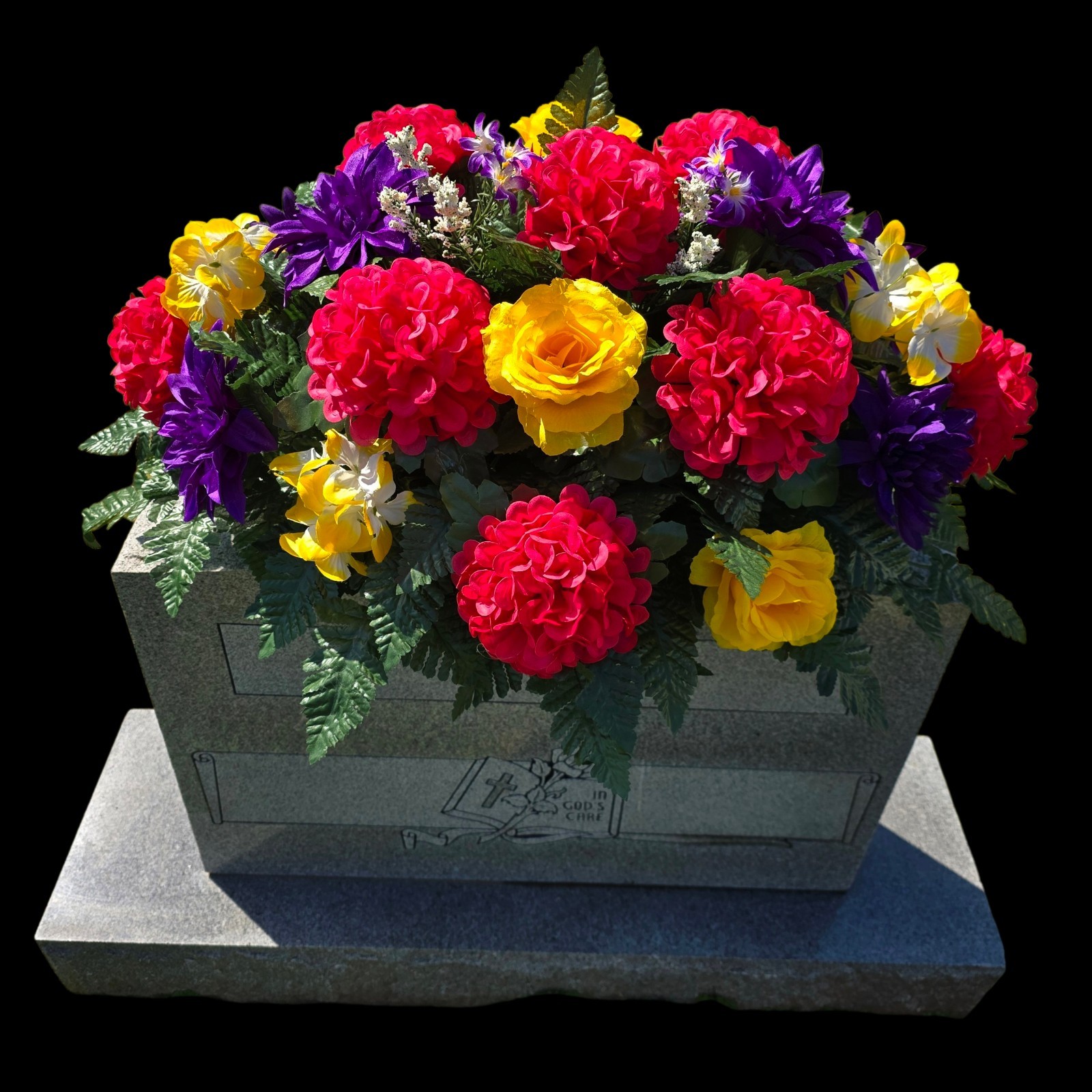 PURPLE,YELLOW, AND PINK CEMETERY HEADSTONE SADDLE WITH CEMETERY FLOWERS