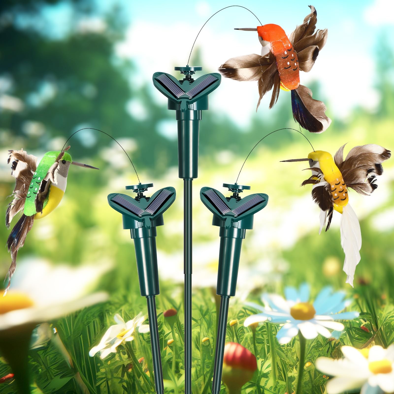 Vercraft 3 Pcs Hummingbird Garden Stakes that Move Like Real Birds Solar Batt…