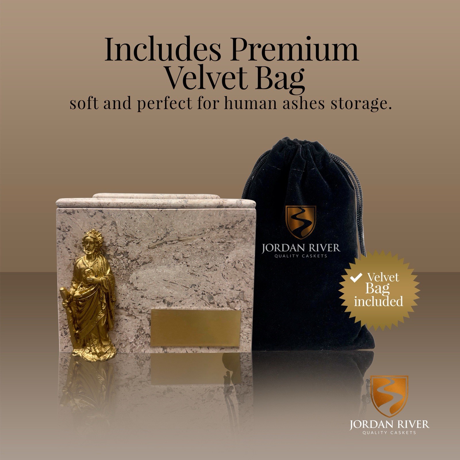 Elegant Marble Urn With Golden Saint Figure. Memorial Cremation Urn For Ashes