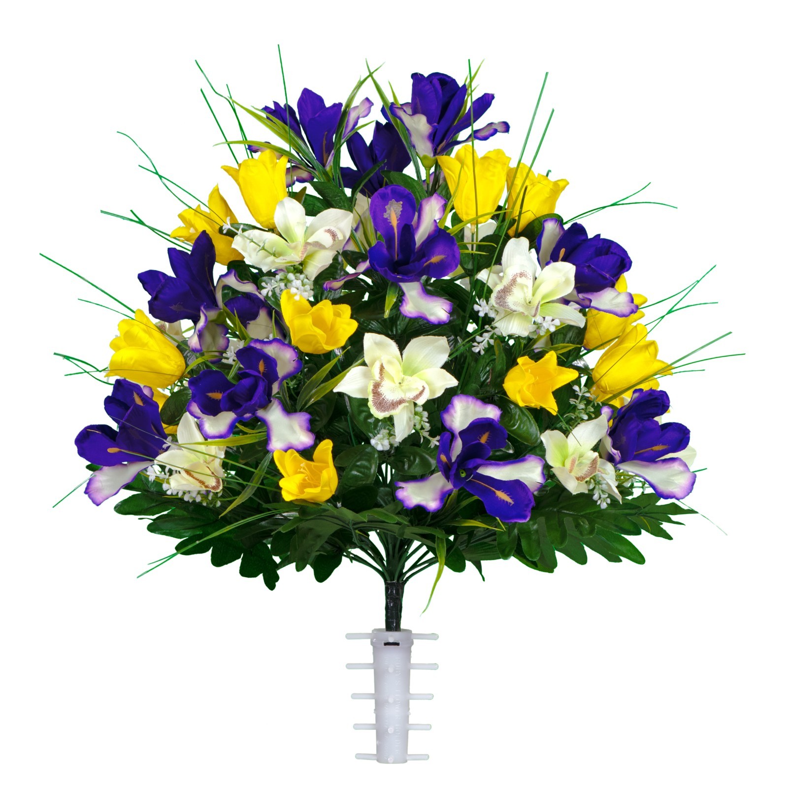Artificial Cemetery Flowers – Yellow Tulips and Purple Iris (1) Bouquet