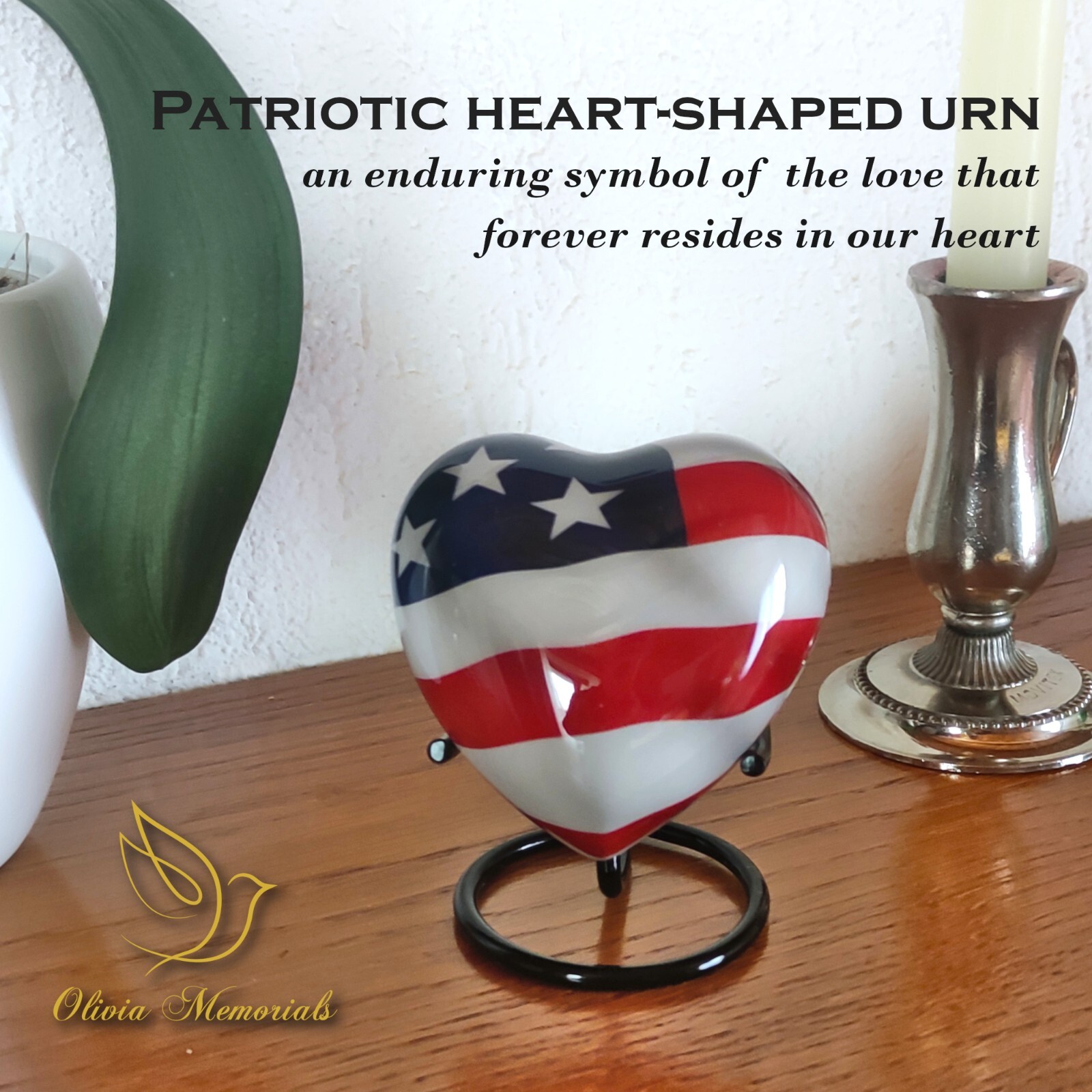 Small American Flag Urn for Ashes – Veteran Keepsake Urn Heart Shape with stand