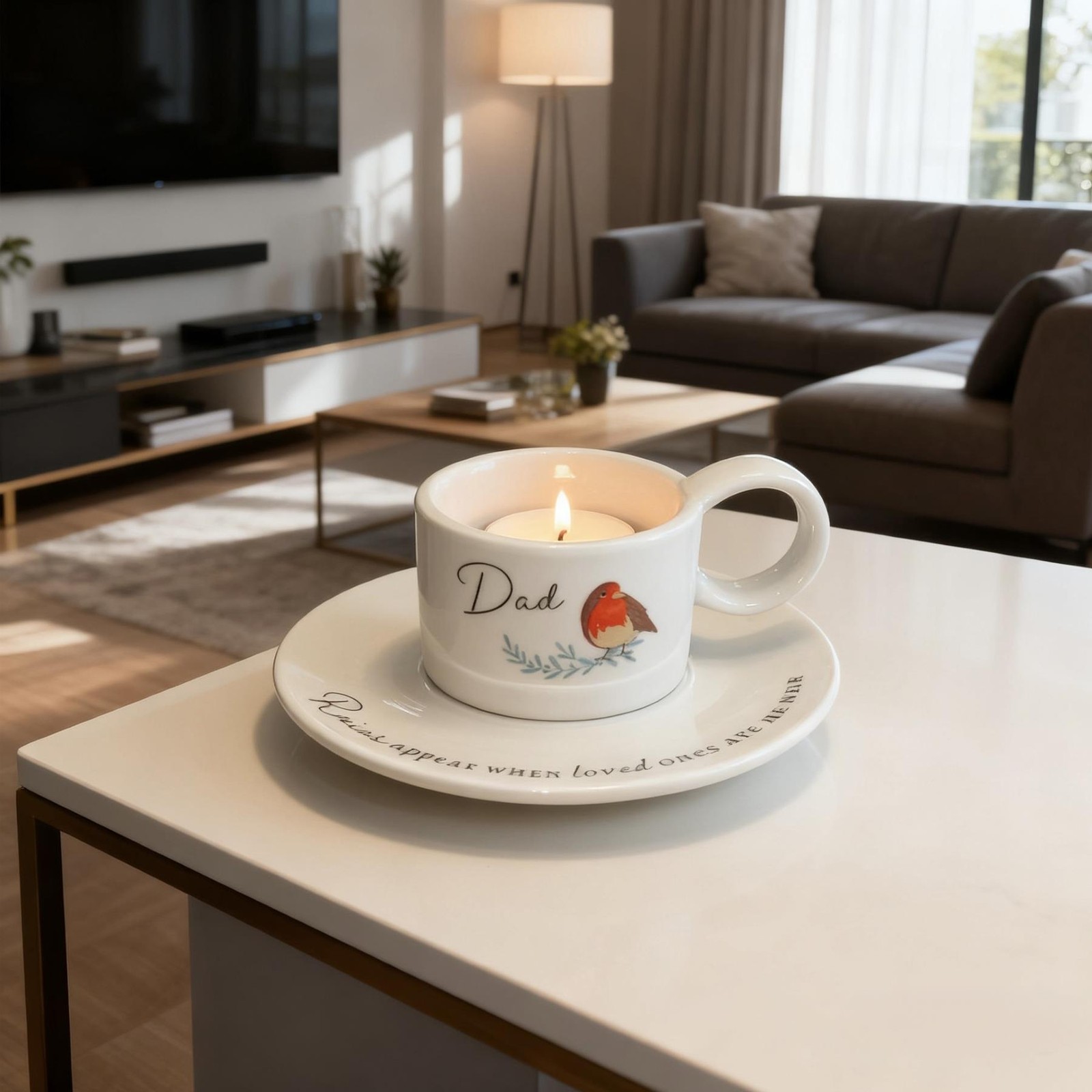 Memorial Tea Light Candle Holder Cup and Saucer Style with Robin Design – Dad