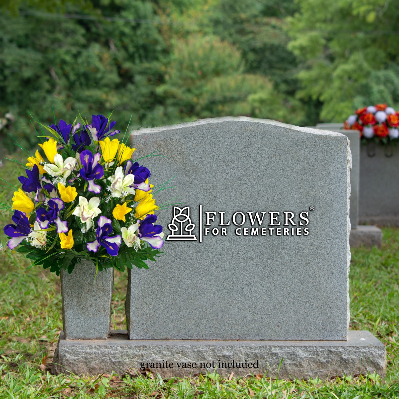 Artificial Cemetery Flowers – Yellow Tulips and Purple Iris (1) Bouquet