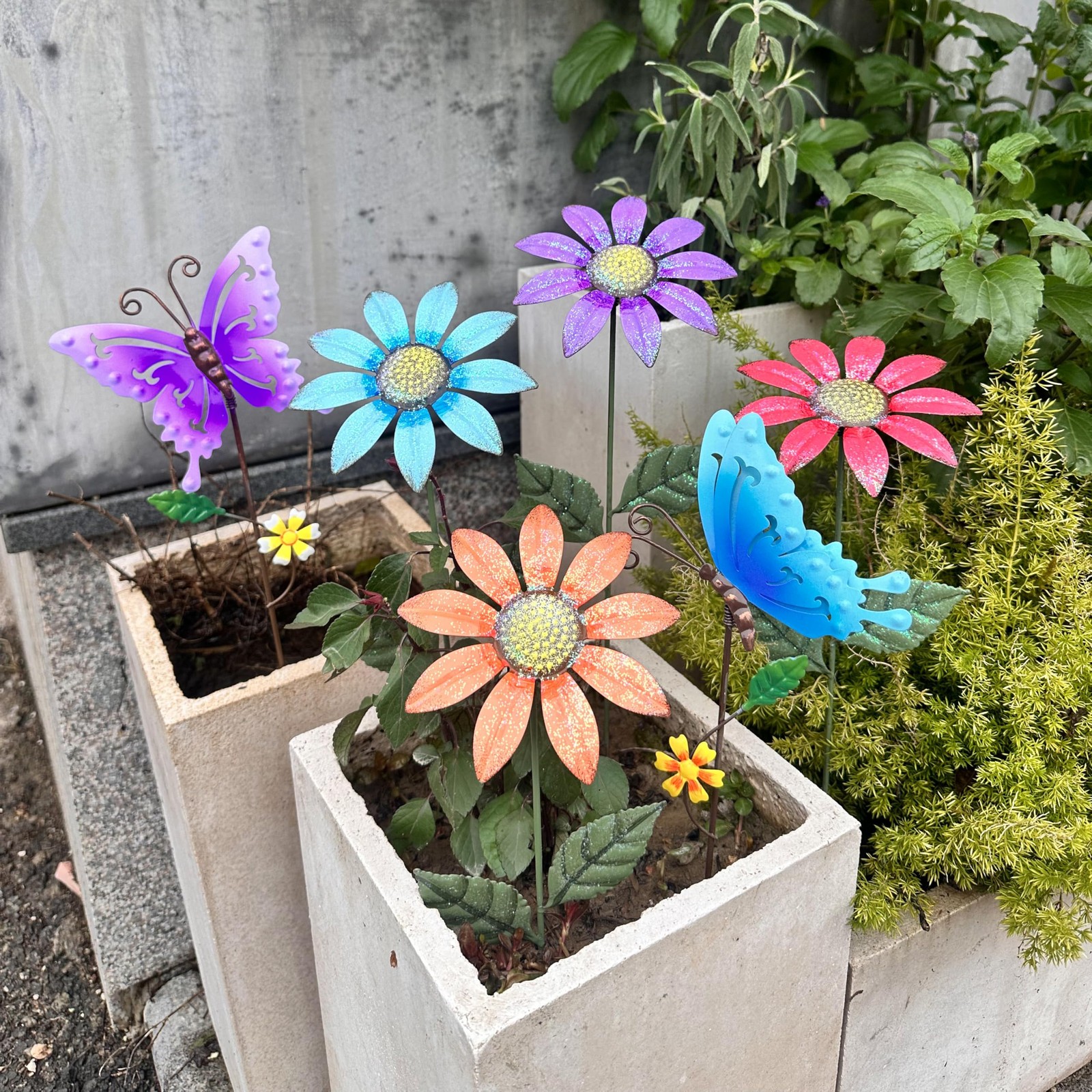 6Pack Metal Flowers for Outside，16.15 Inch Metal Flowers&Colorful Butterfly D…