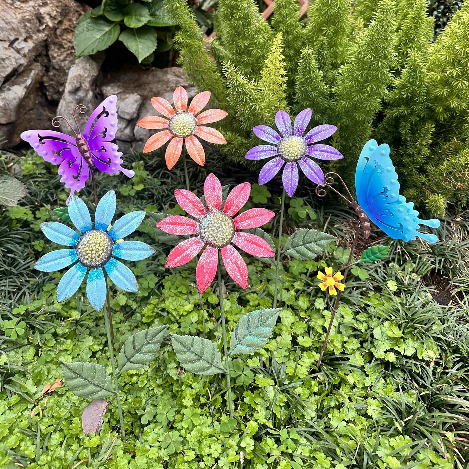 6Pack Metal Flowers for Outside，16.15 Inch Metal Flowers&Colorful Butterfly D…