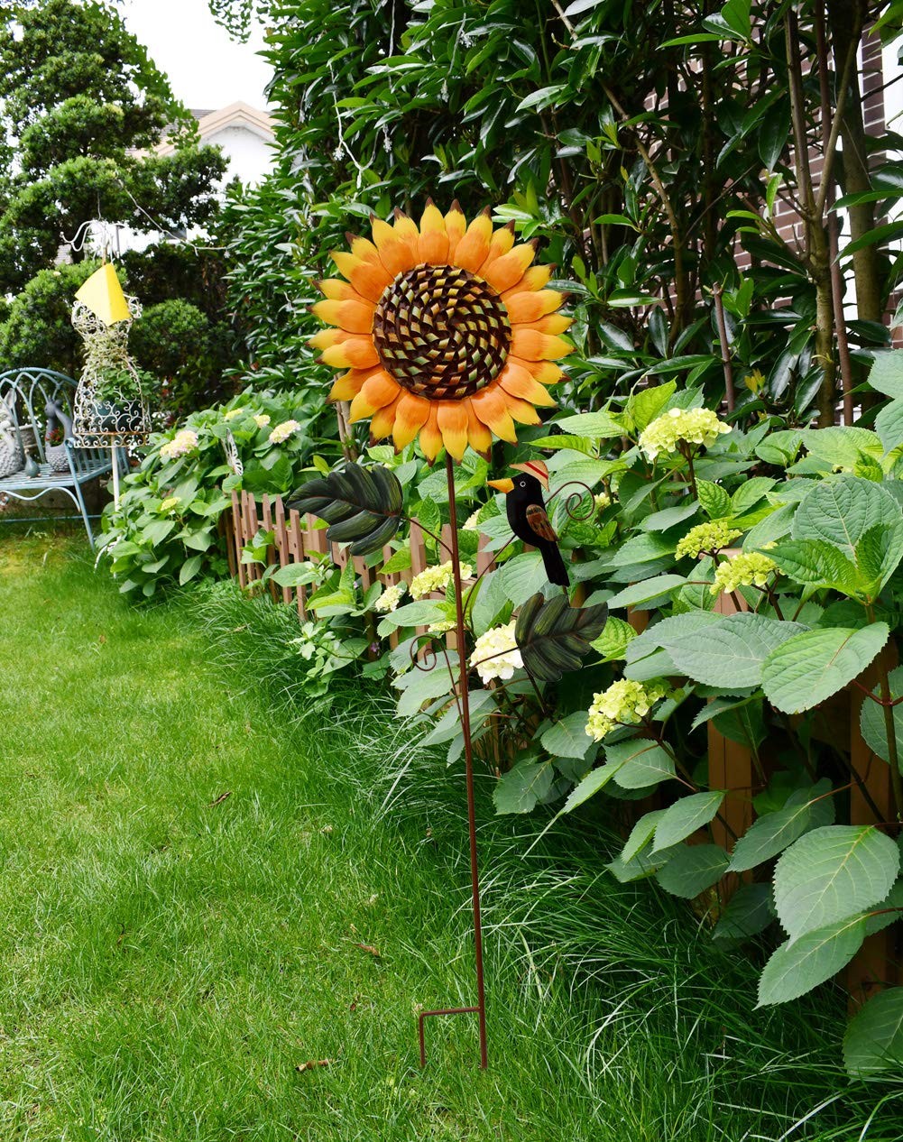 33.5″ H Sunflower Garden Stake with Black Crow Outdoor Yard Decor, Rustic Met…
