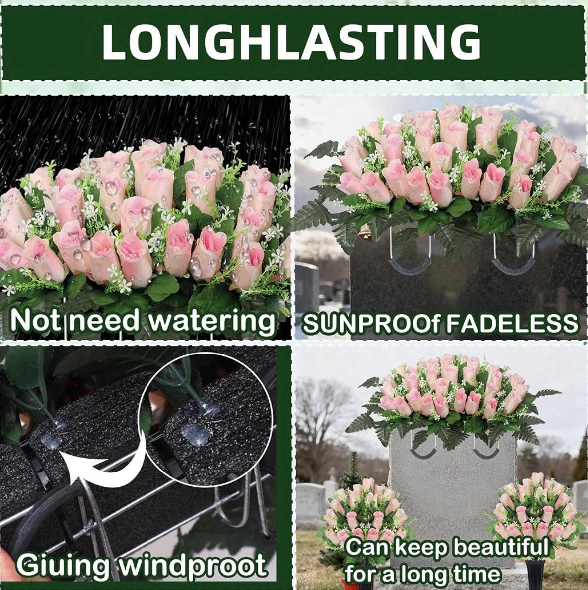 Wocst Cemetery Flowers Grave Saddle Set w/ 2 Vase Bouquets Pink UV Resistant