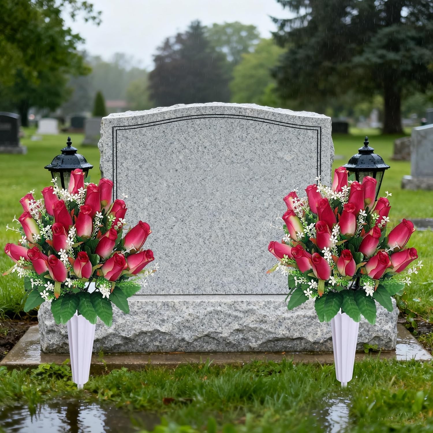 Forever Blooming Pink Rose Grave Decorations – Durable Outdoor Floral Set