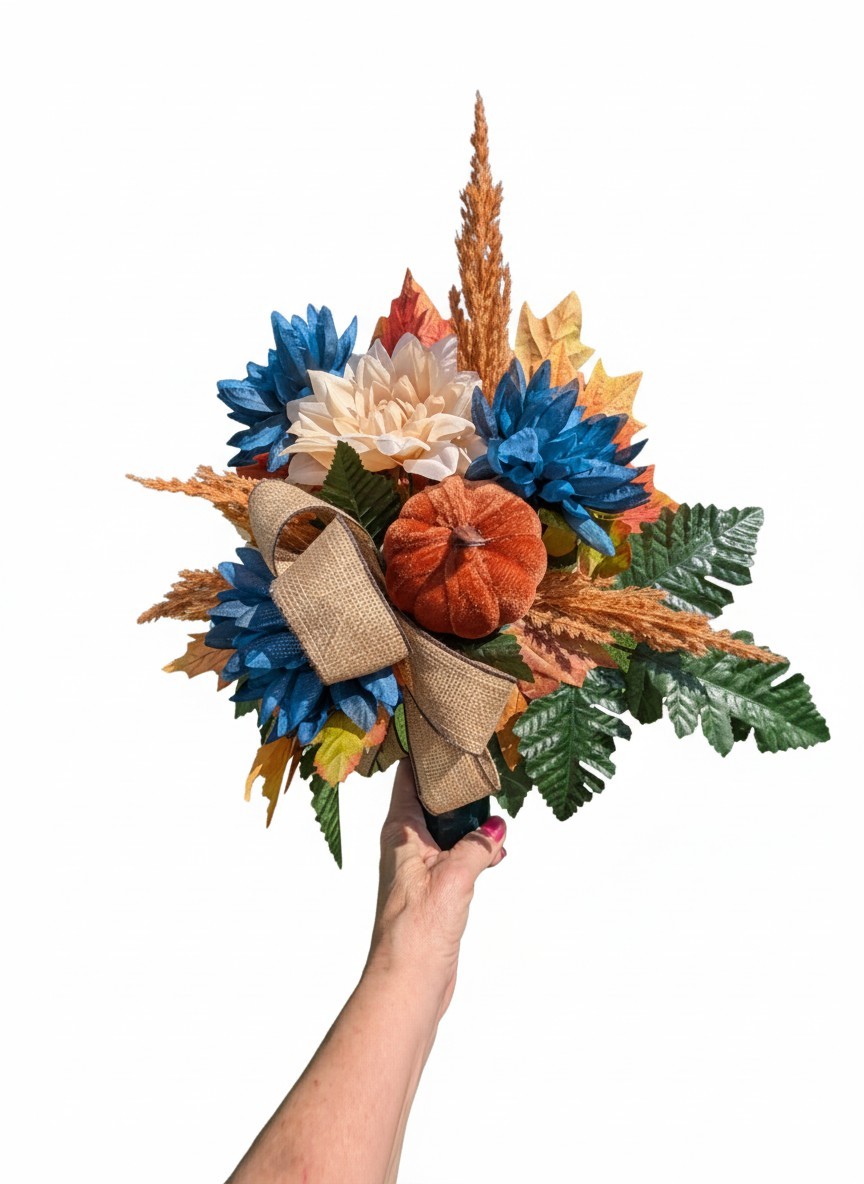 Fall Rust and Blue Cemetery Vase cone arrangement- Autumn florals