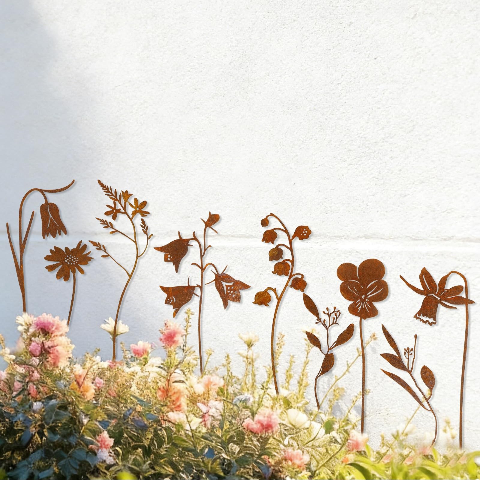 RumonZS 9 Pcs Rusty Metal Flowers Rustic Spring Plants Rusty Metal Garden Sta