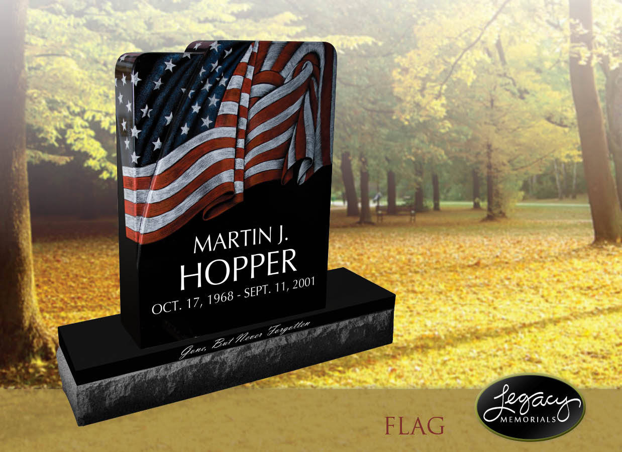 American Flag Jet Black Granite Cemetery Headstone
