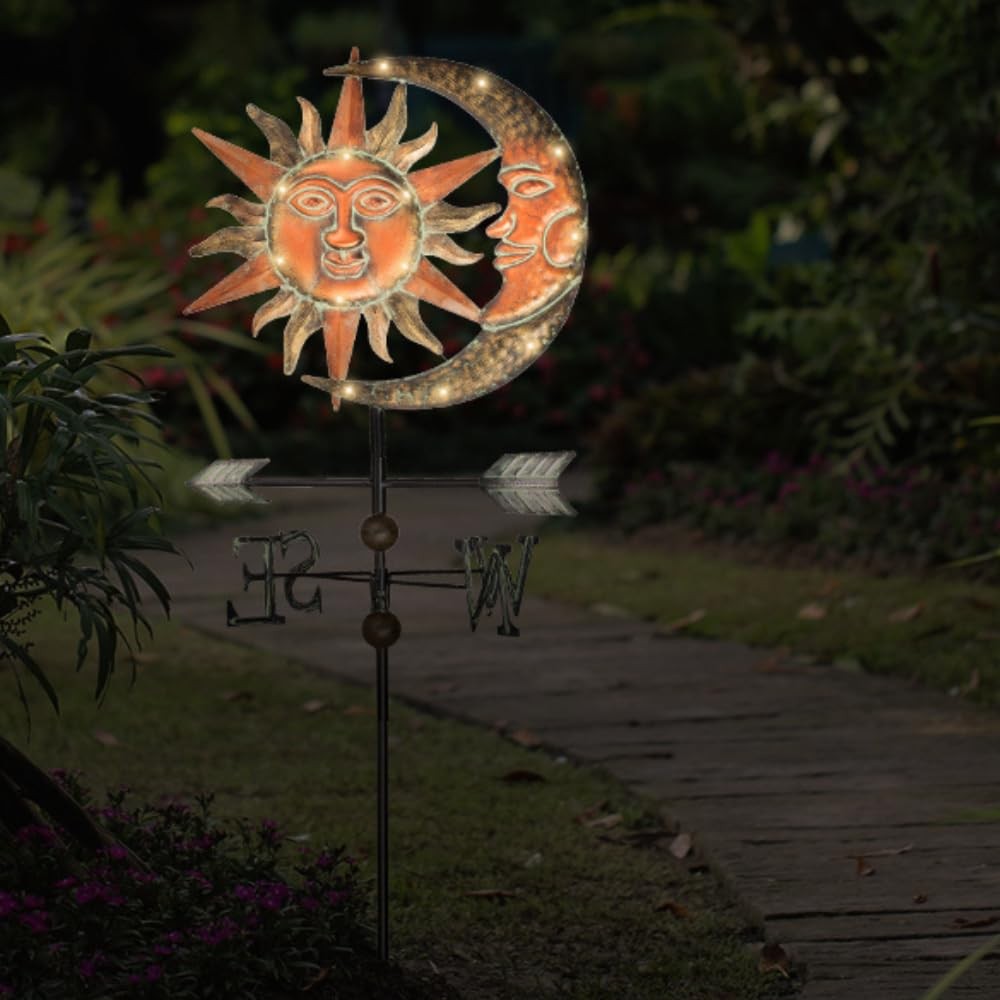 Sun & Moon Face Solar Outdoor Lights, Metal Decorative Stake Weathervane Gard…