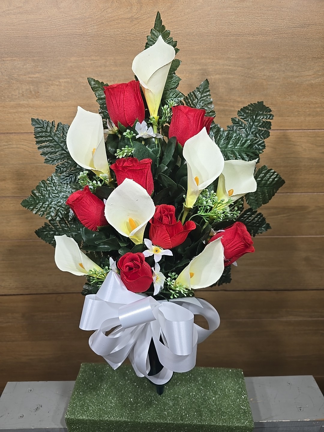 RED ROSEBUD CEMETERY VASE WITH ROSE BUDS & CALLA LILY’S FOR CEMETERY