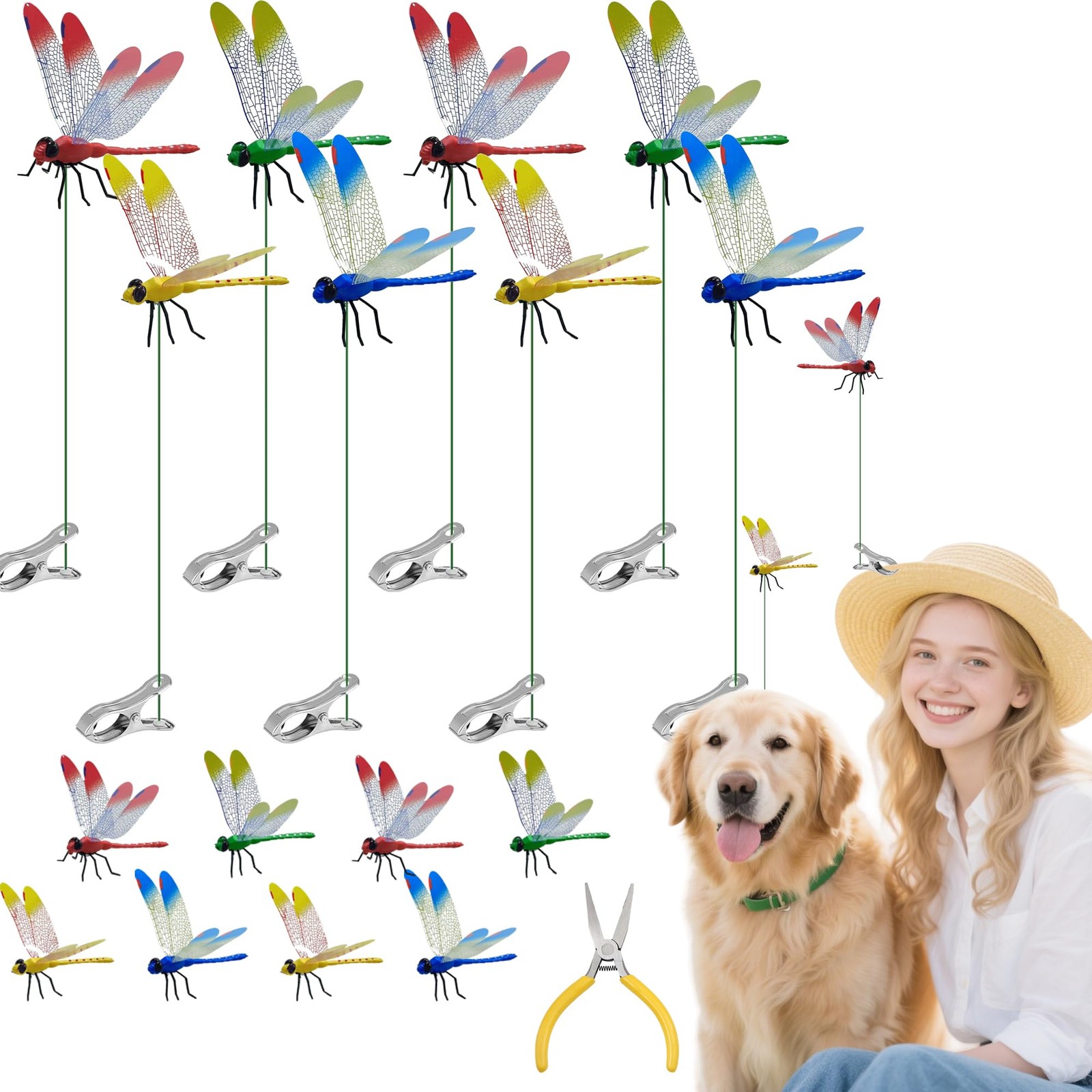 16 Pcs Dragonfly Clip, 3D Plastic Fake Dragonfly Garden Stakes for Yard, Pati…