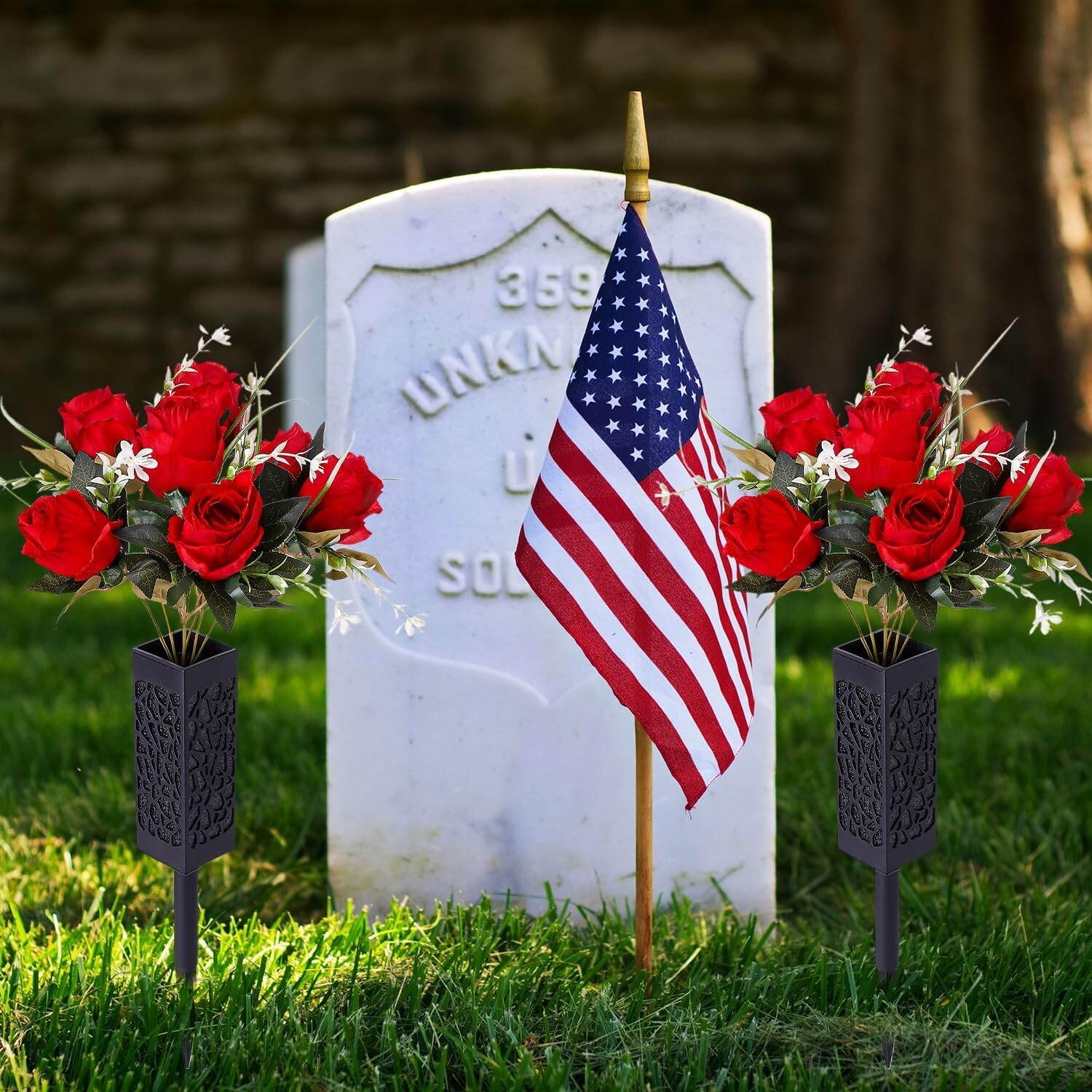Cemetery Artificial Flower Vase with Foam for Grave Decorations 2 Headstones