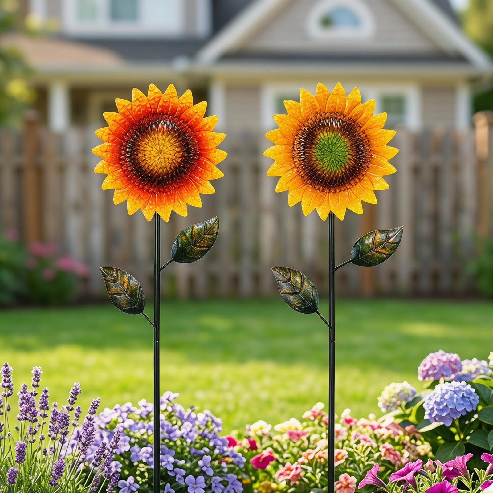 2 Pack 39 Inch Large Sunflower Garden Stakes, Hand-Painted Colorful Metal Yar…
