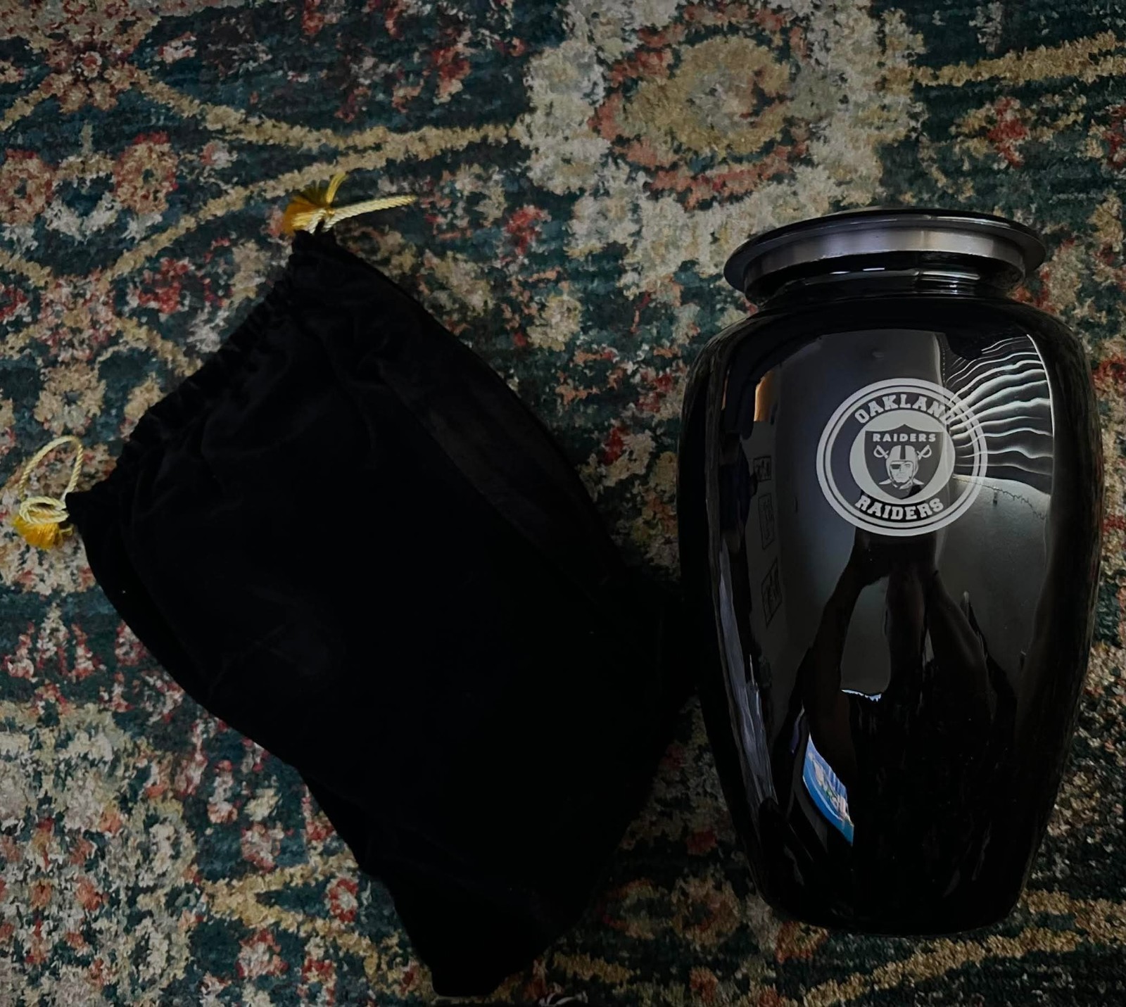 Oakland Raiders Black Metal Cremation Urn w/ Black Velvet Drawstring Bag