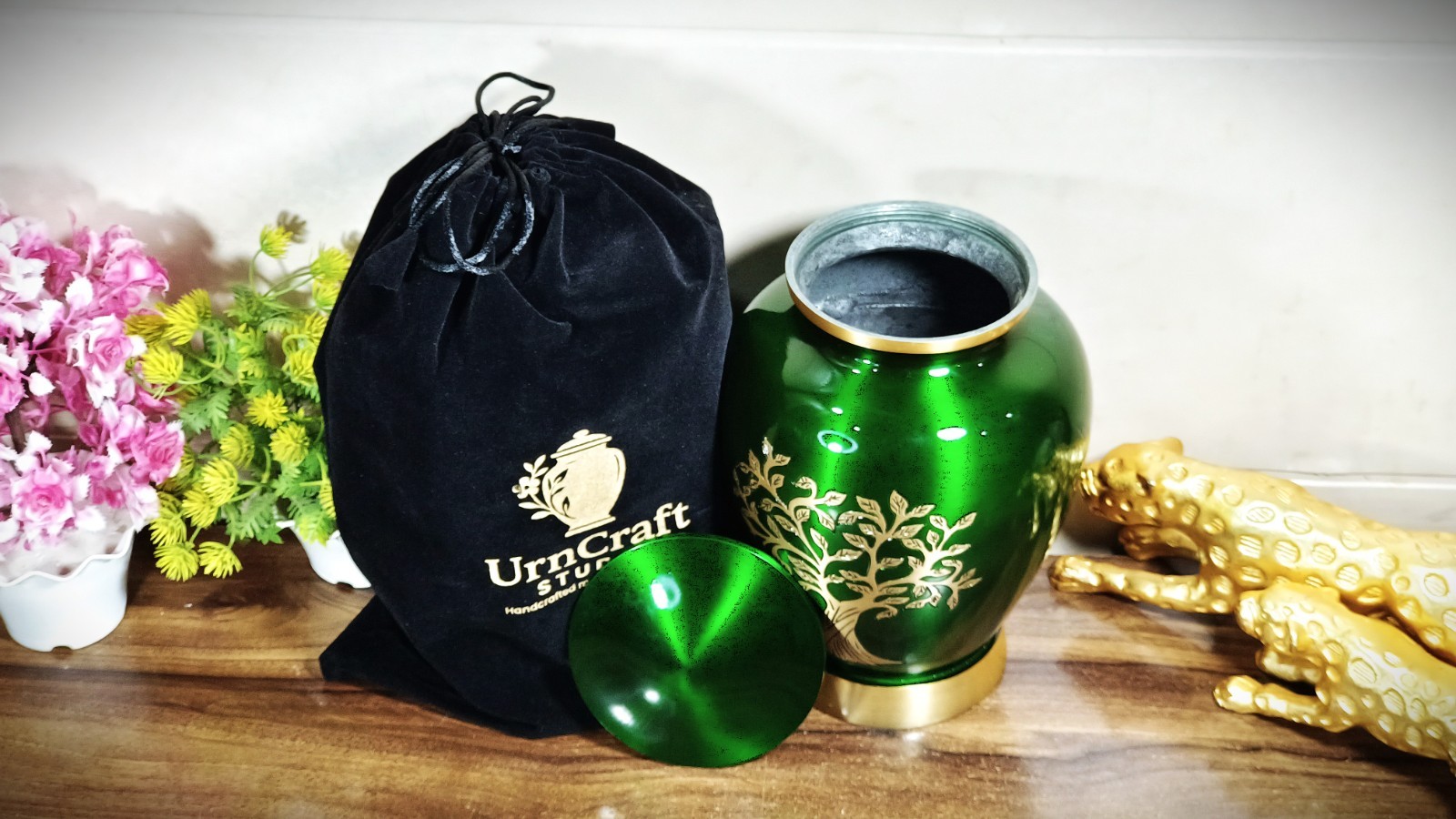 Handcrafted Tree Urn Green Gold – Adult Ashes Urn – Elegant Memorial Urn