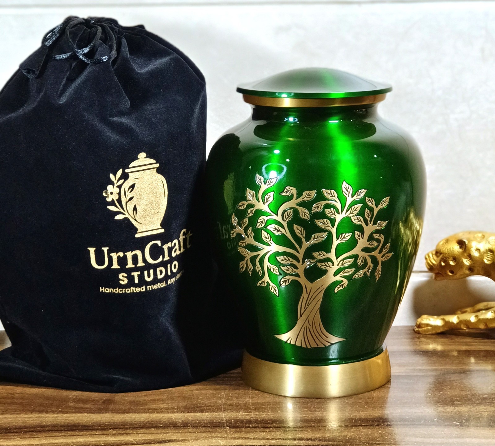 Handcrafted Tree Urn Green Gold – Adult Ashes Urn – Elegant Memorial Urn
