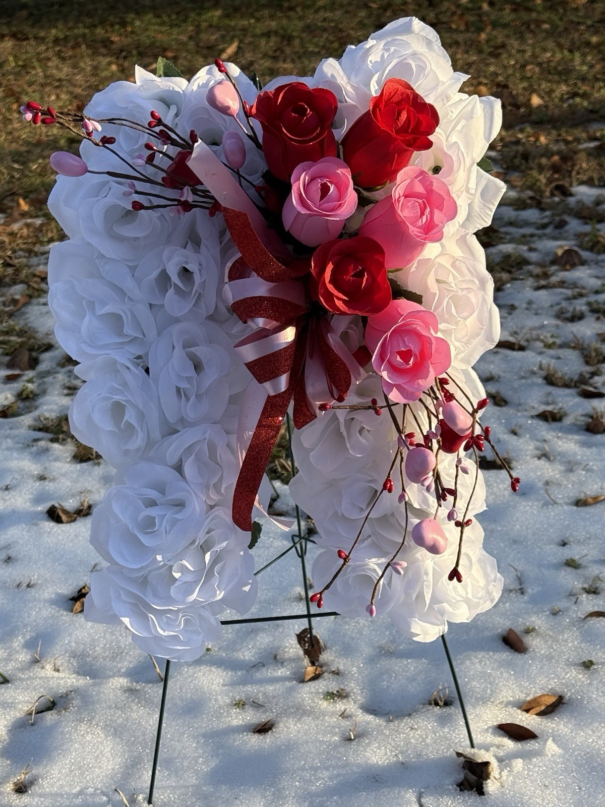 Cemetery Memorial Angel Wing Silk Flower Arrangement White, Red & Pink