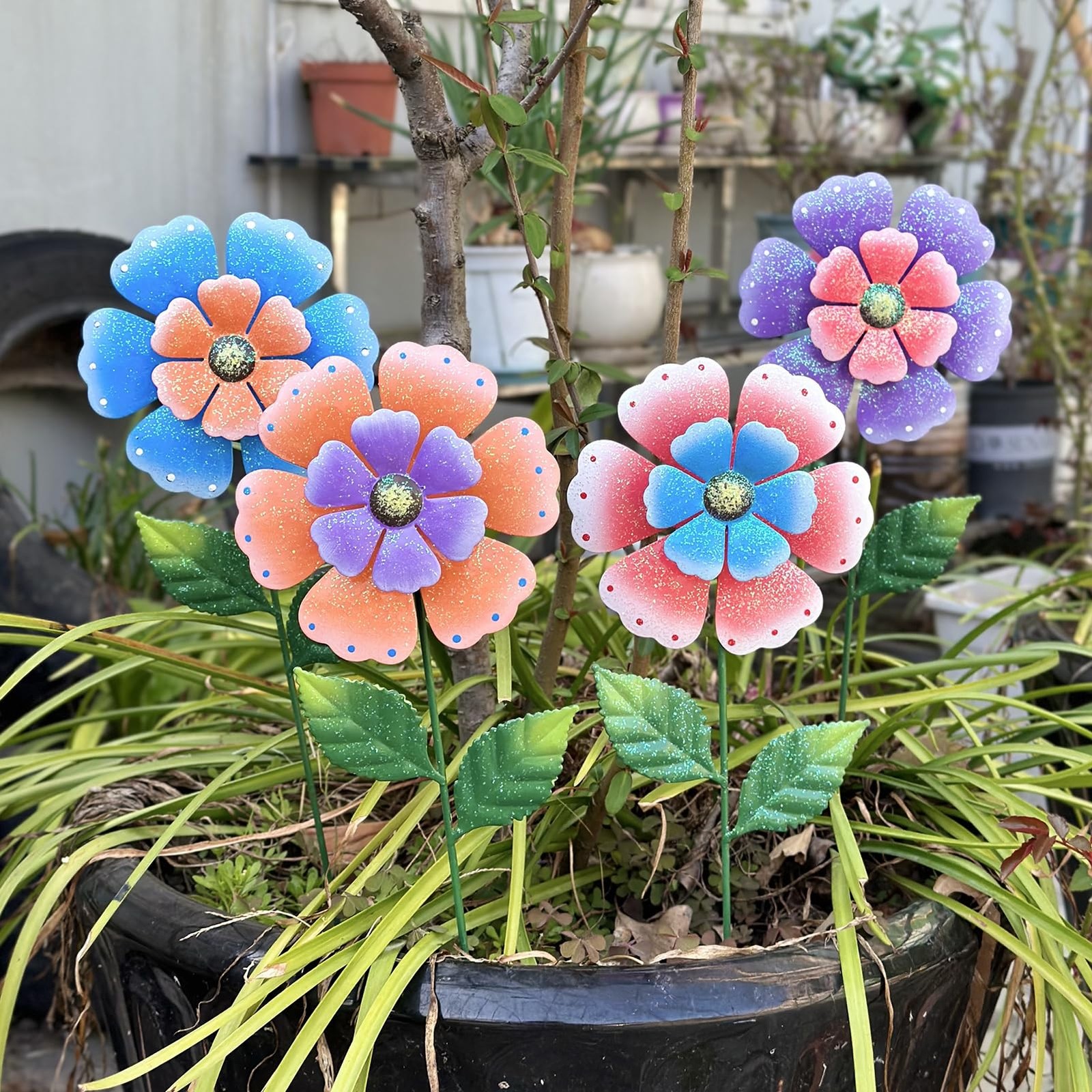 4-Pcs 16.5″ Metal Flower Garden Stakes: Hand-Painted, Weather-Resistant Decor