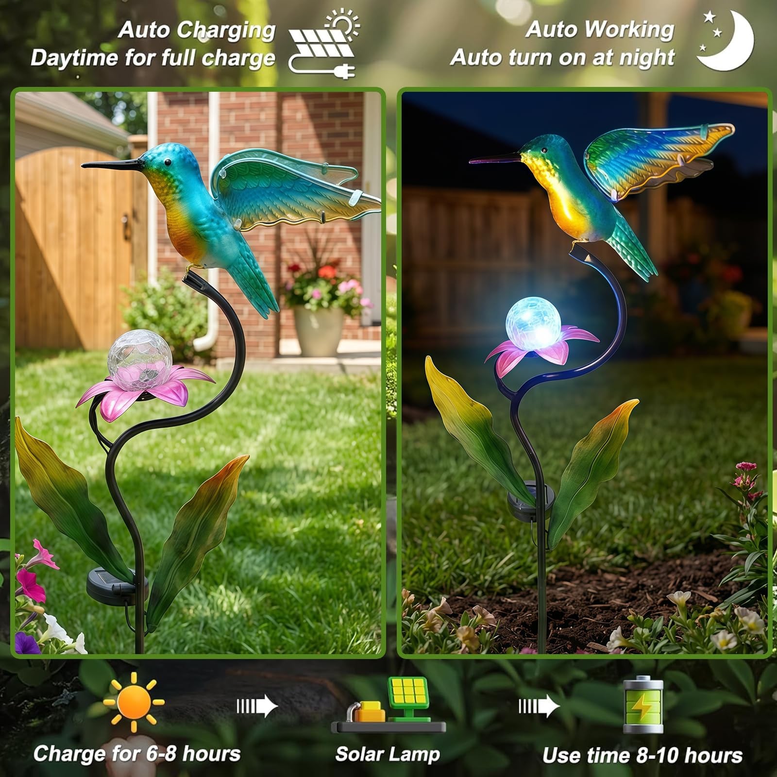 HONGLAND 46 Inch Solar Hummingbird Lights, Solar Garden Decor with Cracked Gl…