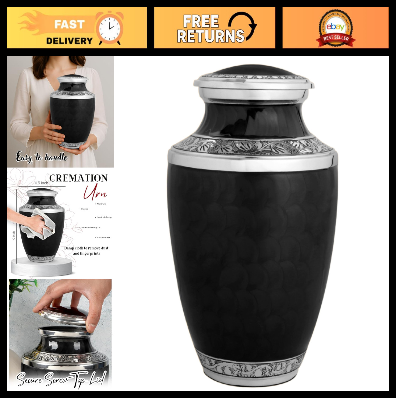 Handcrafted Decorative Urn for Human Ashes, 200+ Cu In, Adult Male/Female, 10.5″