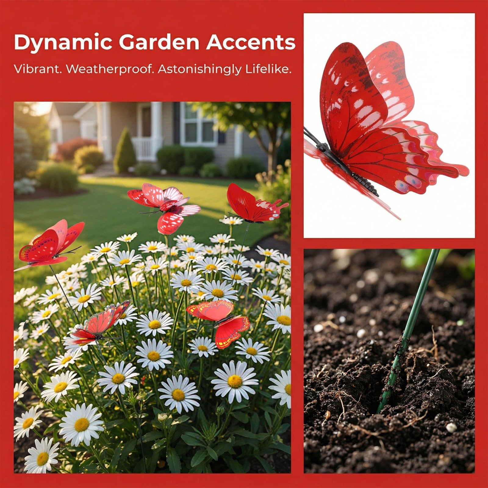 30PCS Waterproof Red Butterfly Garden Stakes for Outdoor Indoor Decor