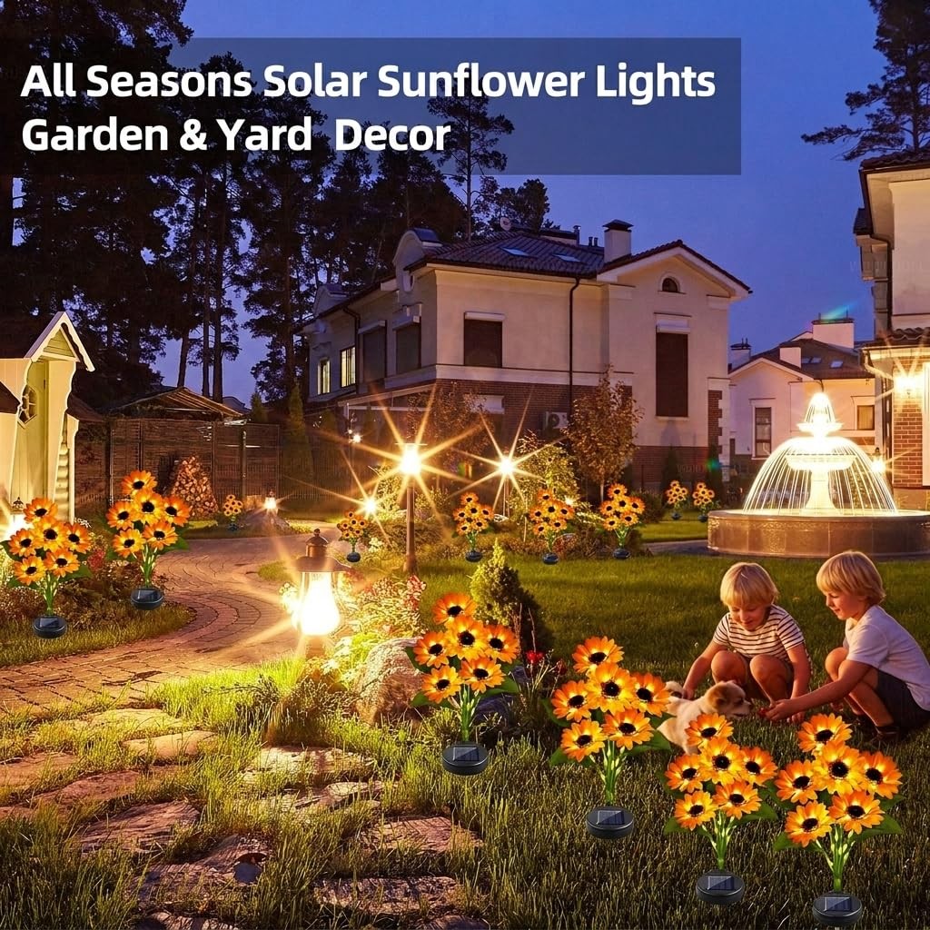 Solar Sunflower Lights Outdoor Waterproof Garden Yard Decor, 2 Pack with 12 L…