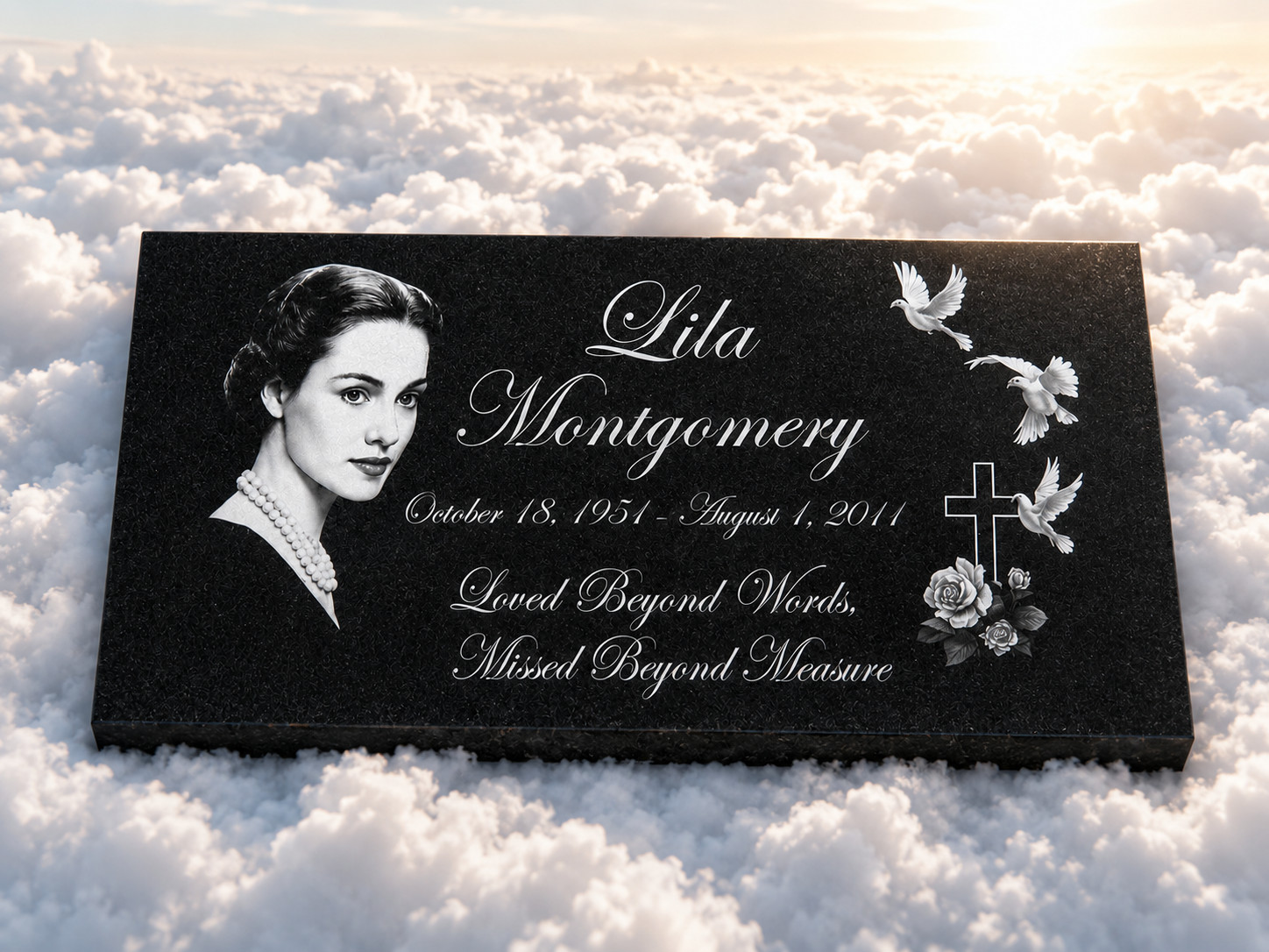 Black Granite Cross Memorial Headstone Personalized Flat Grave Marker