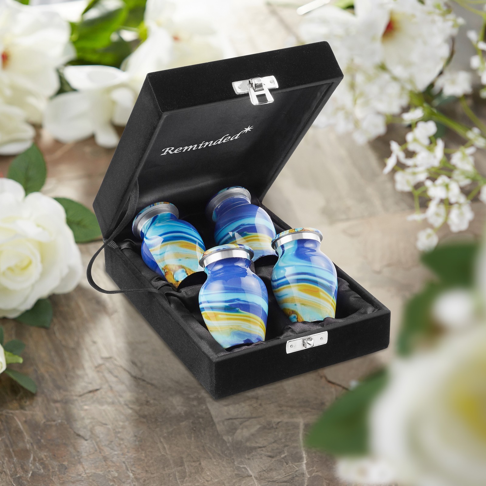 Keepsake Set of 4 Cremation Urns for Human Ashes, Blue Swirl with Velvet Case