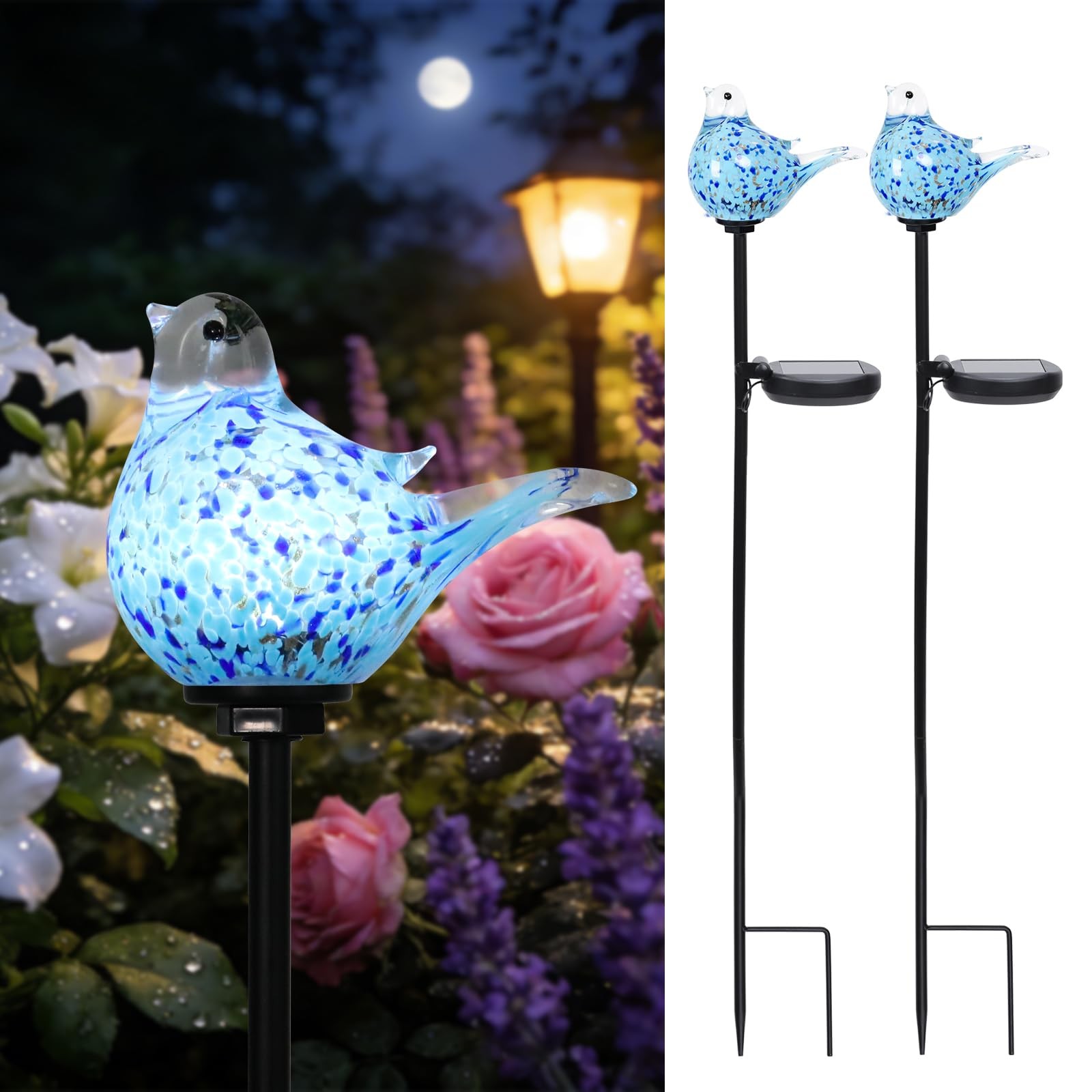 Solar Garden Lights HandBlown Glass LED Stakes for Outdoor Decor, 2 Pack