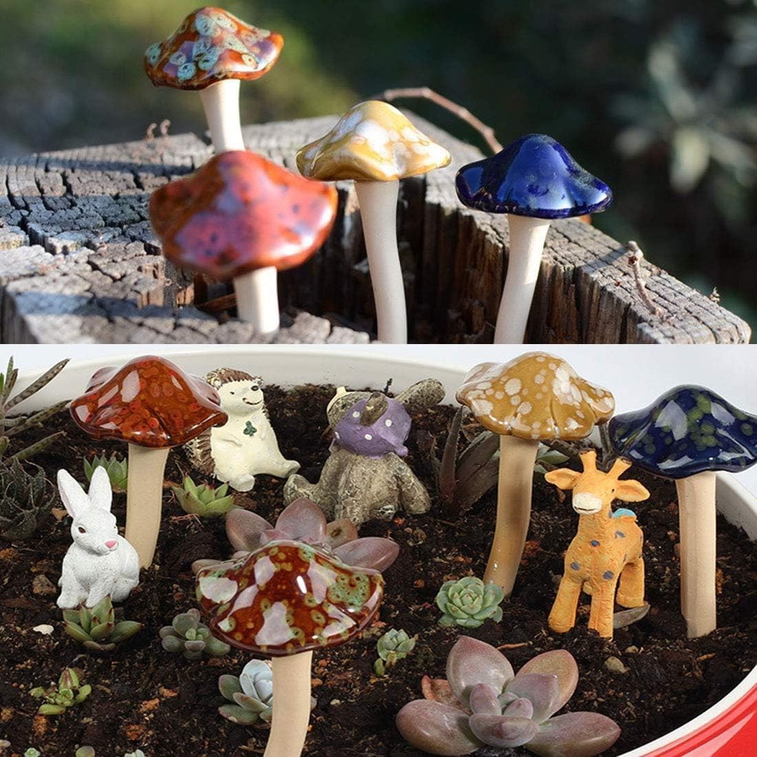 12 Piece Garden Mushrooms – Ceramic for Yard, Fairy Garden Stakes Lawn Orname…