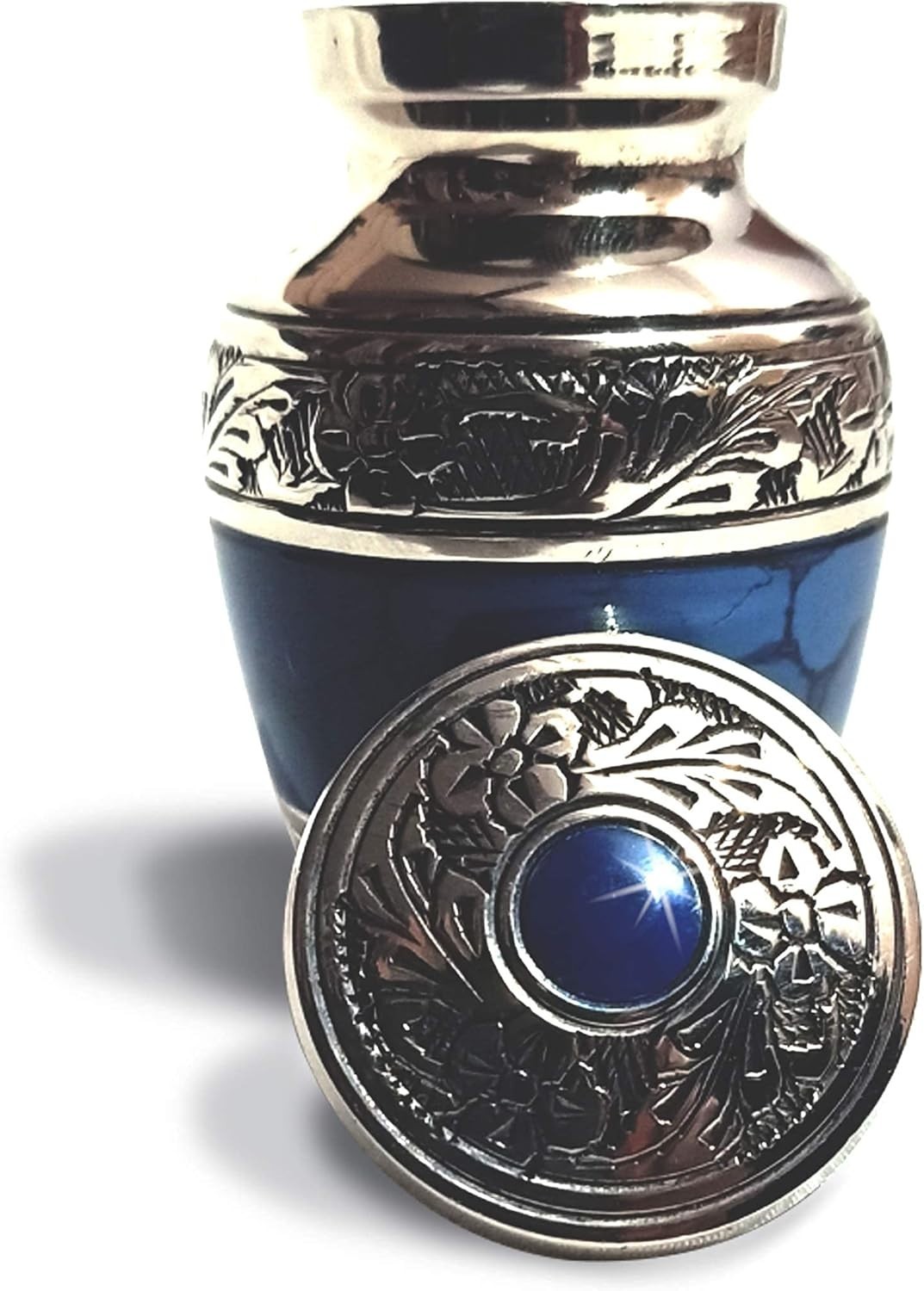 Compact Blue Brass Keepsake Urn with Funnel in Heart Velvet Case – 3 Tablespoons