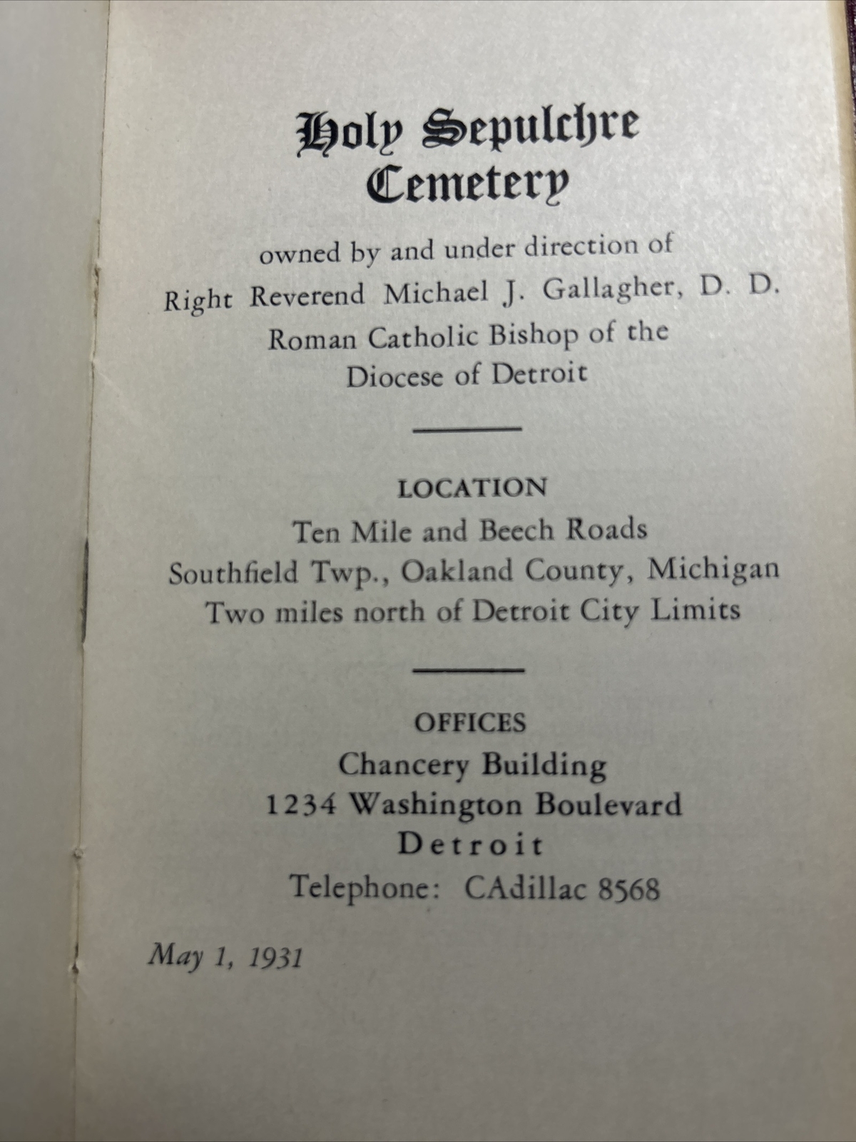 1931 Rules Holy Sepulcher Cemetery Detroit Michigan