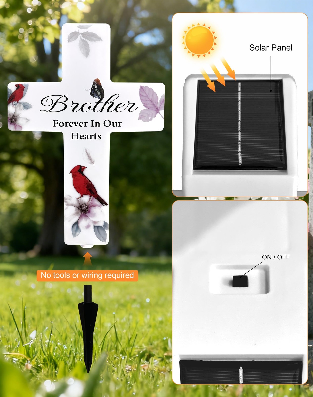 Solar Cross Light, Brother Grave Decorations for Cemetery Memorial Garden Sta…