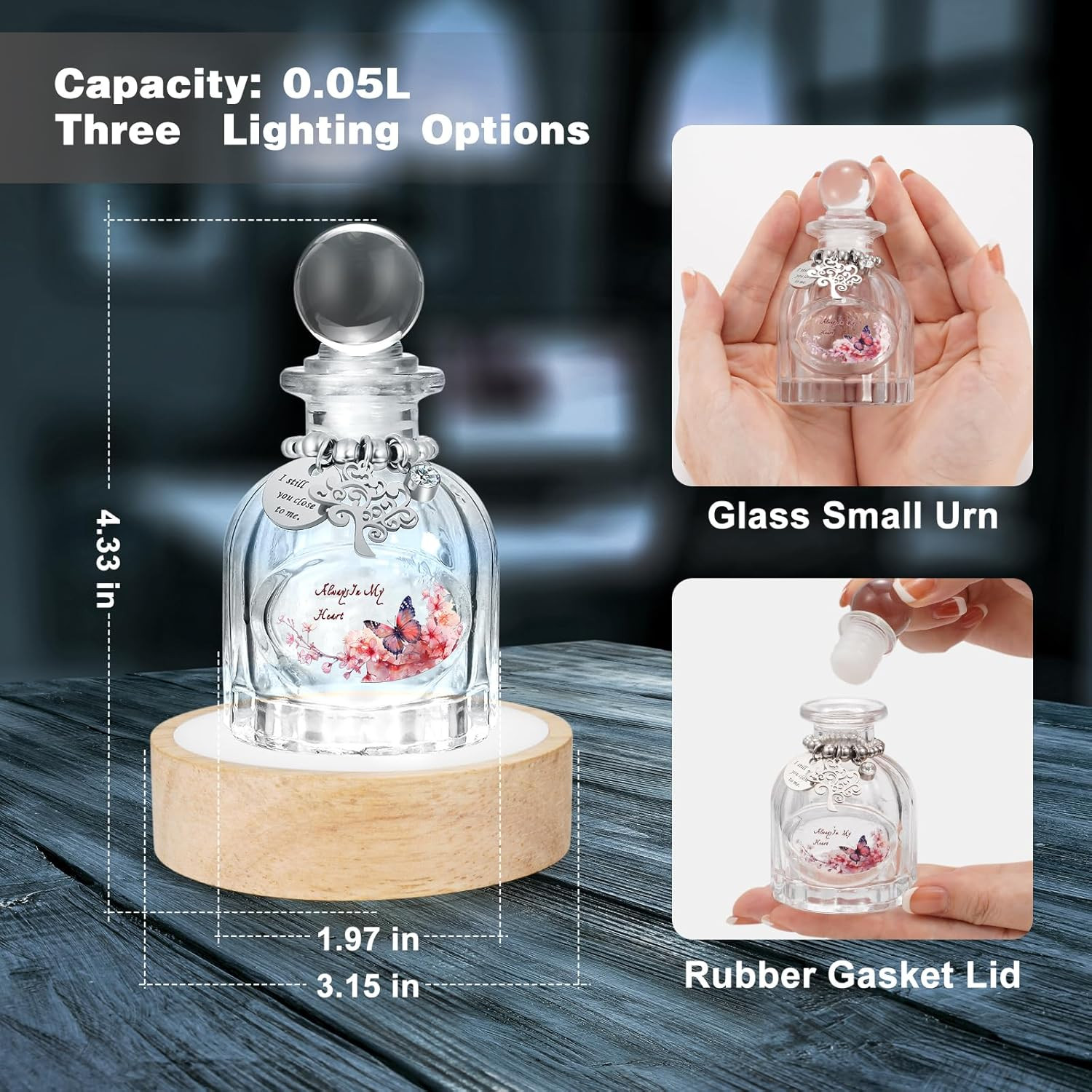 Glass Mini Urns for Human Ashes, Small Urns with Multicolor Light Base