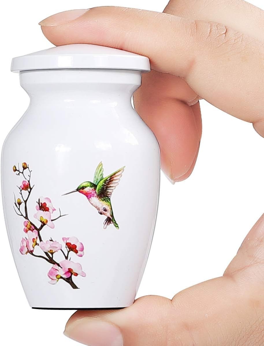 Mini Hummingbird Cremation Urn Human or Pet Ashes White Keepsake with Velvet Bag