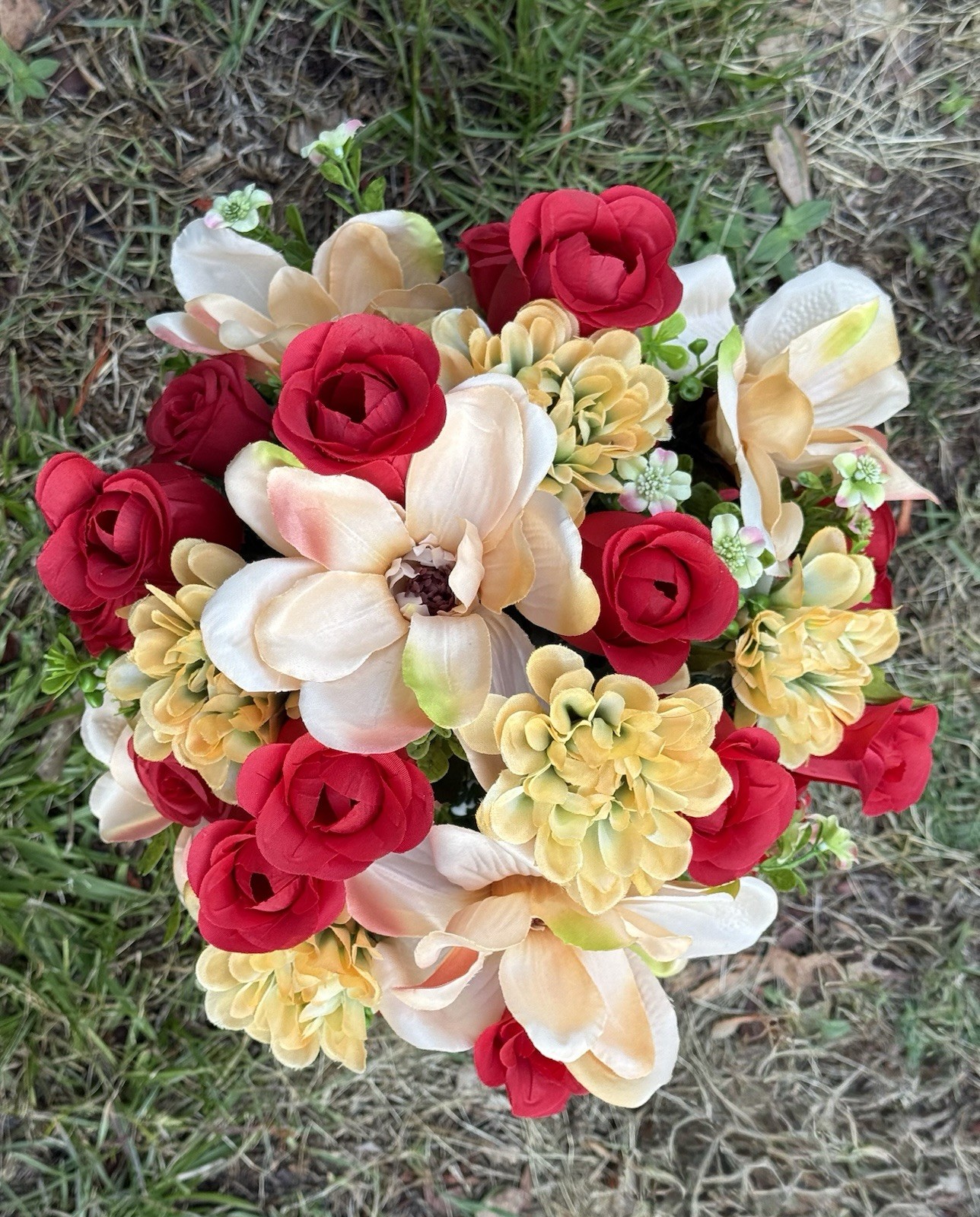 Cemetery Vase Memorial Silk Flower Arrangement Red, Yellow & Cream